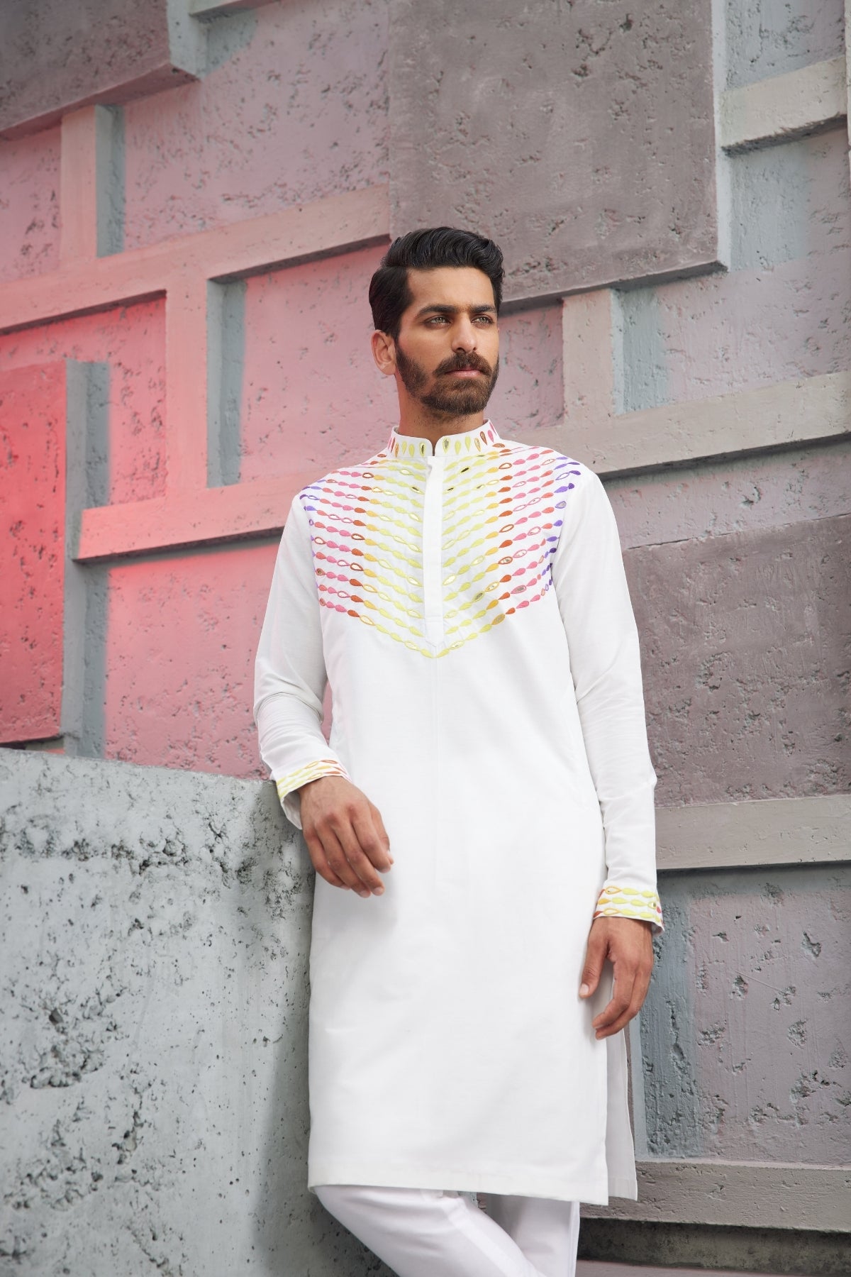 White Multicolour thread & acrylic petals Embroidered yoke Kurta