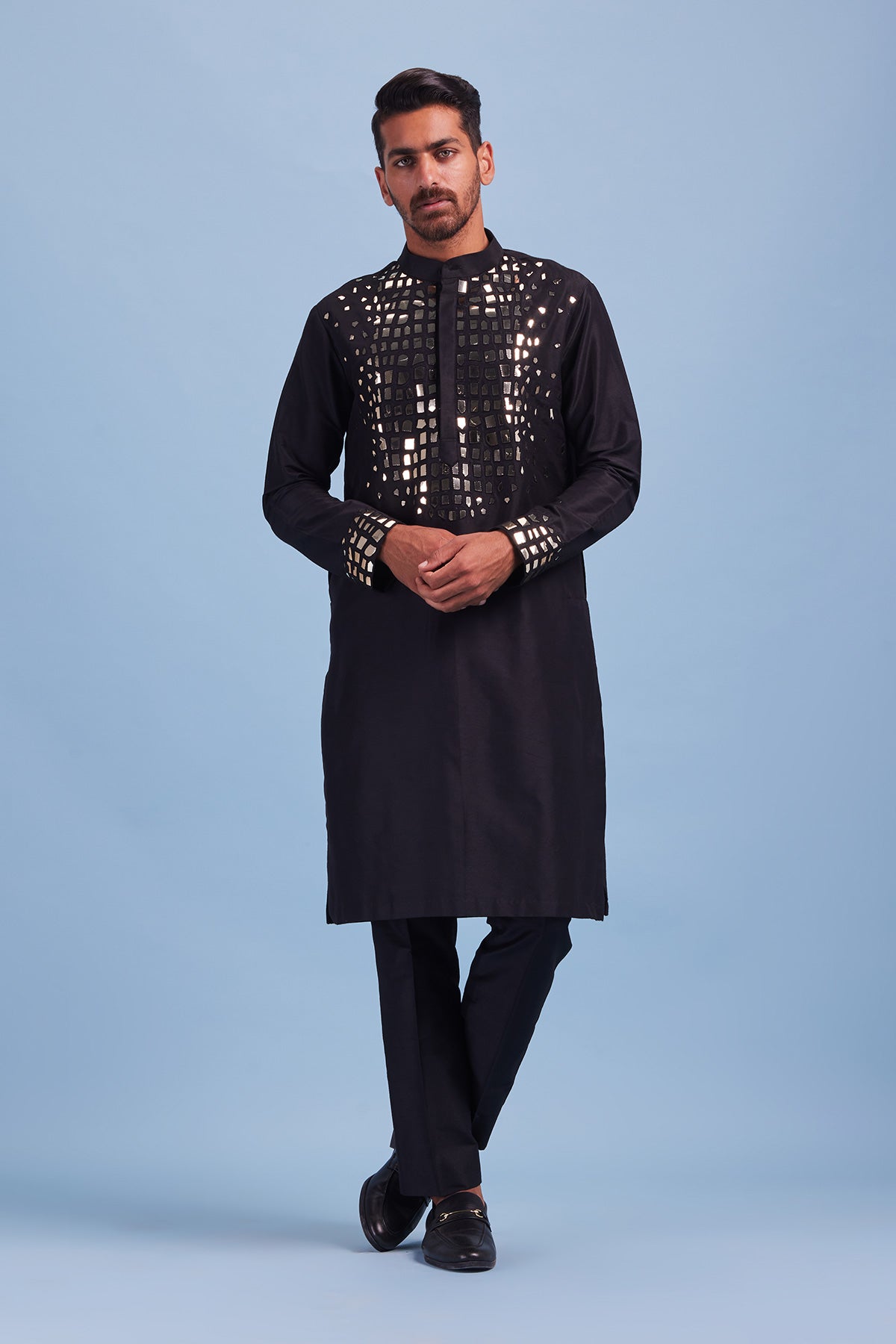 Black Acrylic and Thread Embroidered Dropdown Kurta With Black Pants