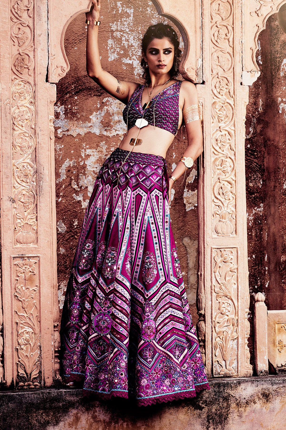 Purple Geometric Print & Highlighted Blouse Lehenga And Organza Embroidered Dupatta