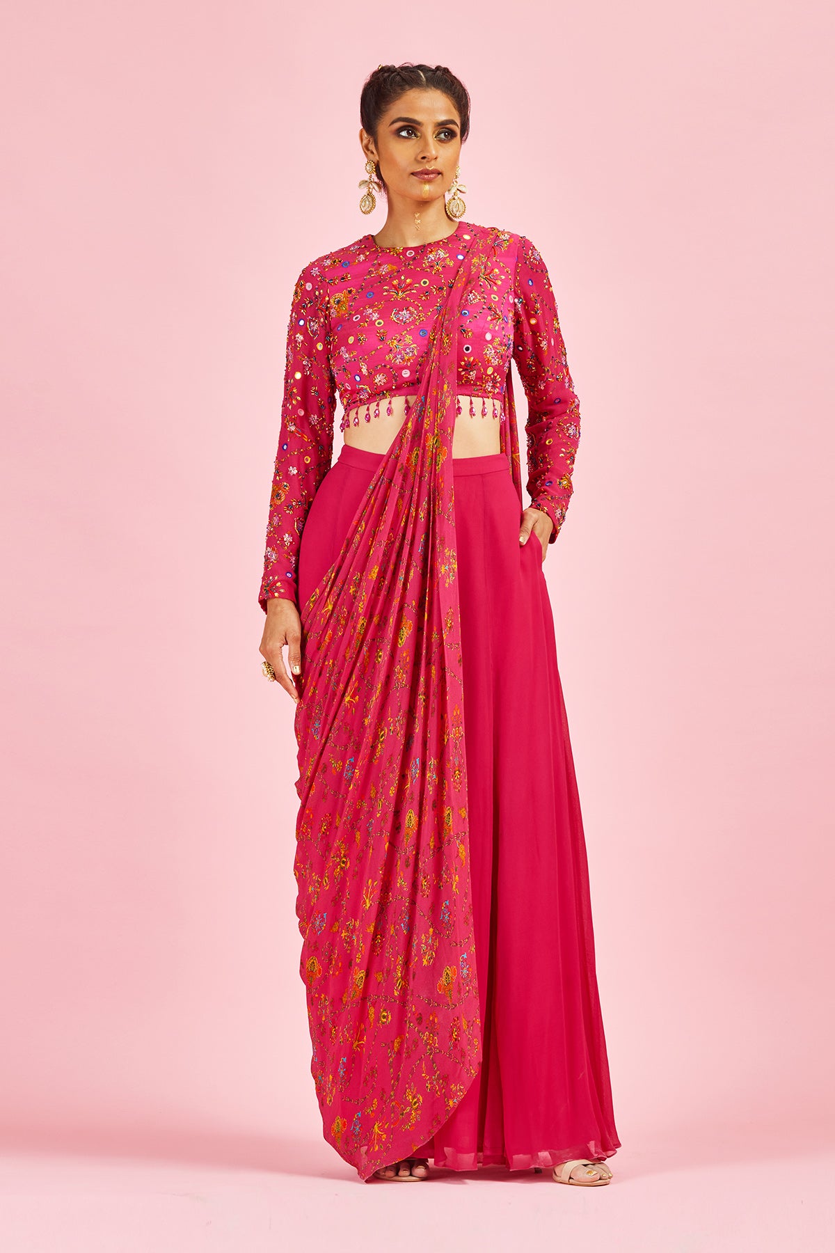 Fuchsia Pink Highlighted Blouse With Sharara Sari