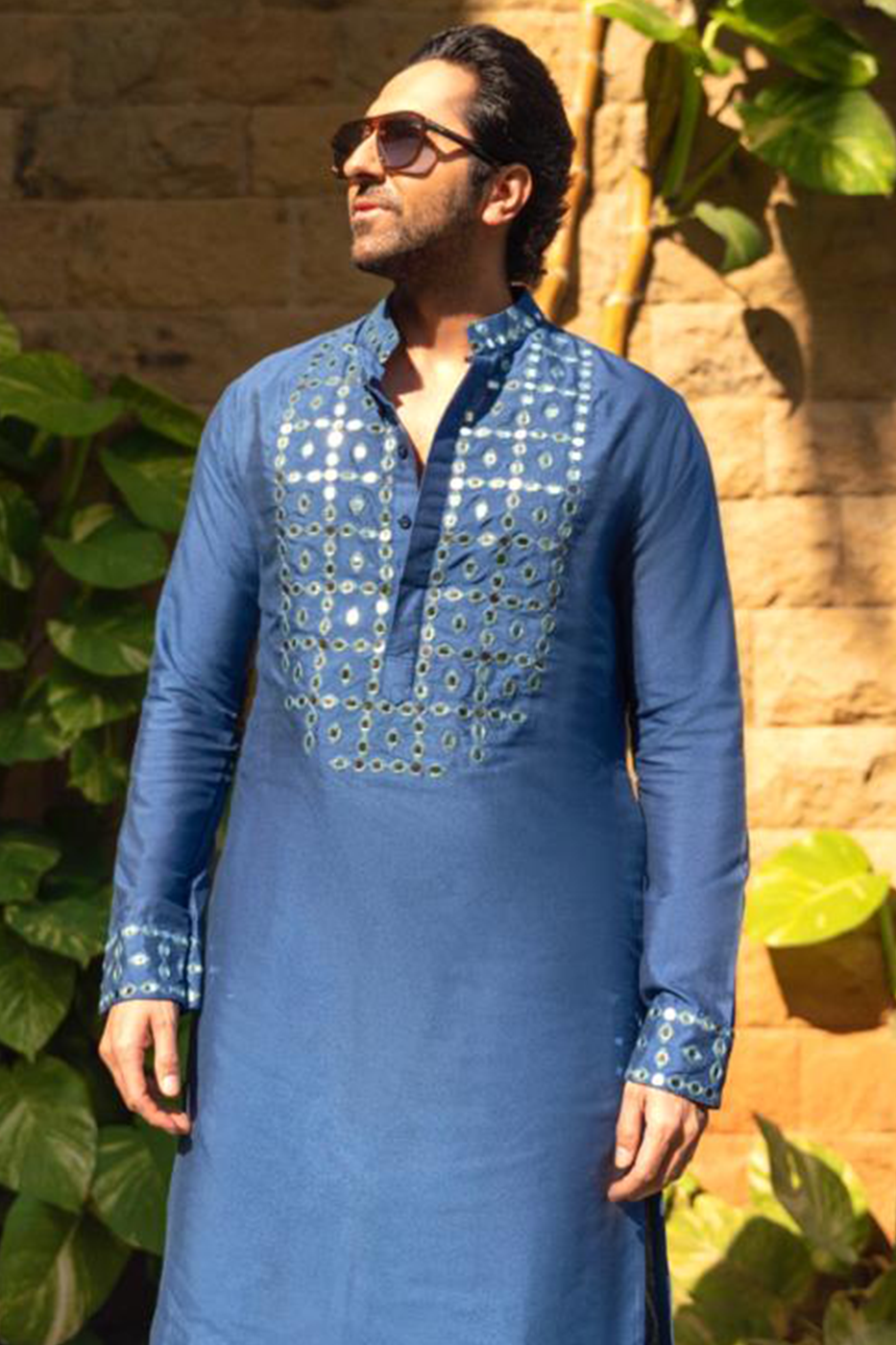 Ayushman Khurana in Indigo Blue Self On Self acrylic and thread Embroidery Yoke Kurta