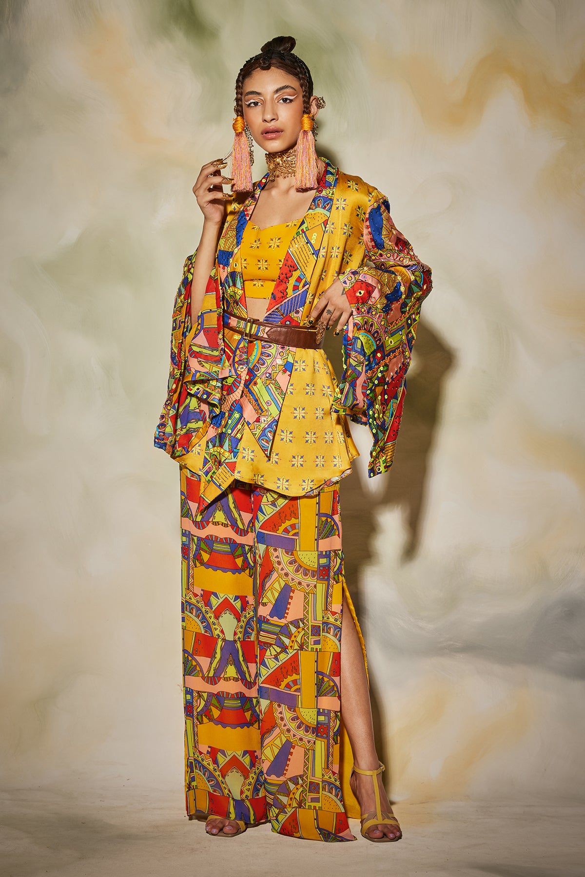 Yellow Butta Print With Neon Geometric Print Highlighted Kimono Set