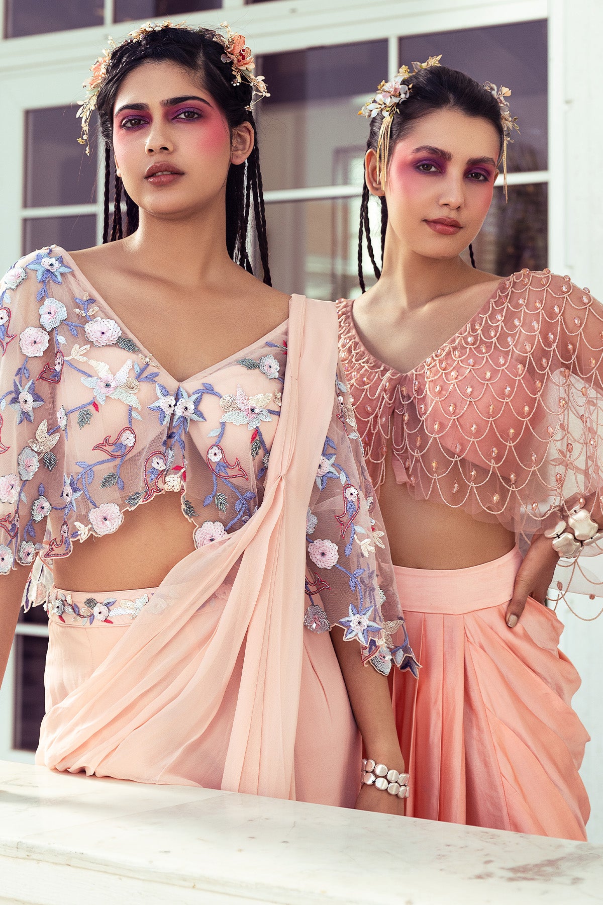 PEACH TASSEL EMBROIDERED CROP TOP SET