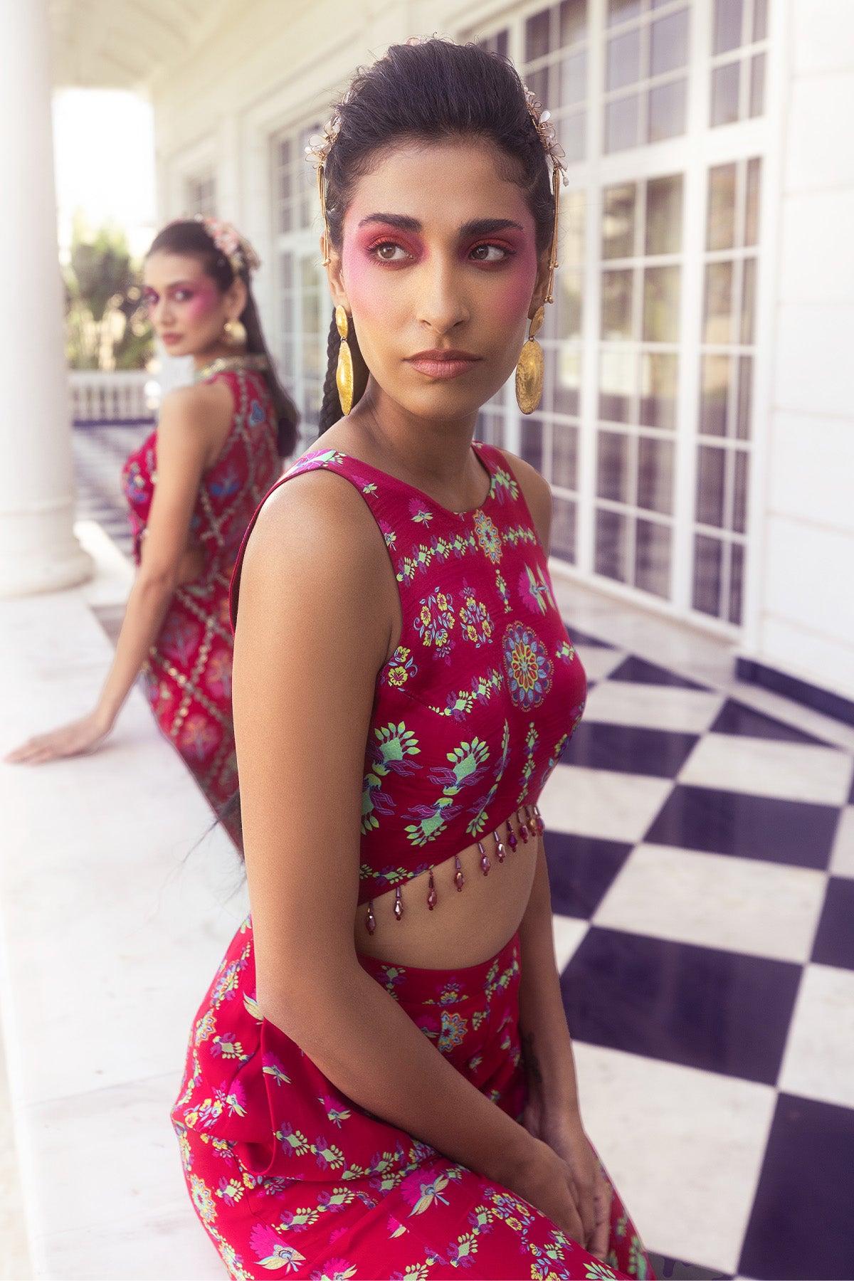 CRIMSON RED PRINT & EMBROIDERED JUMPSUIT