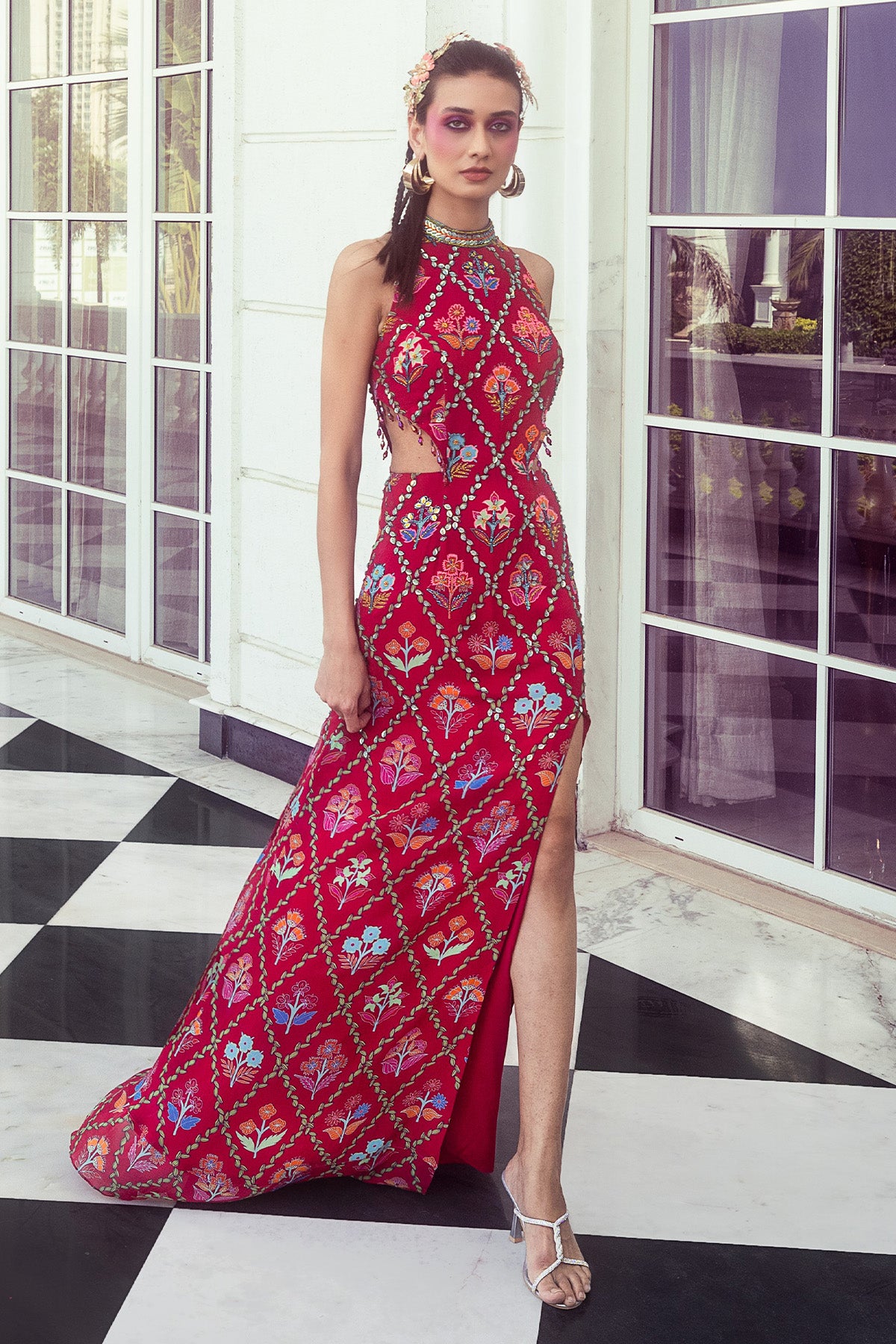 CRIMSON RED PRINT & EMBROIDERED SLIT DRESS