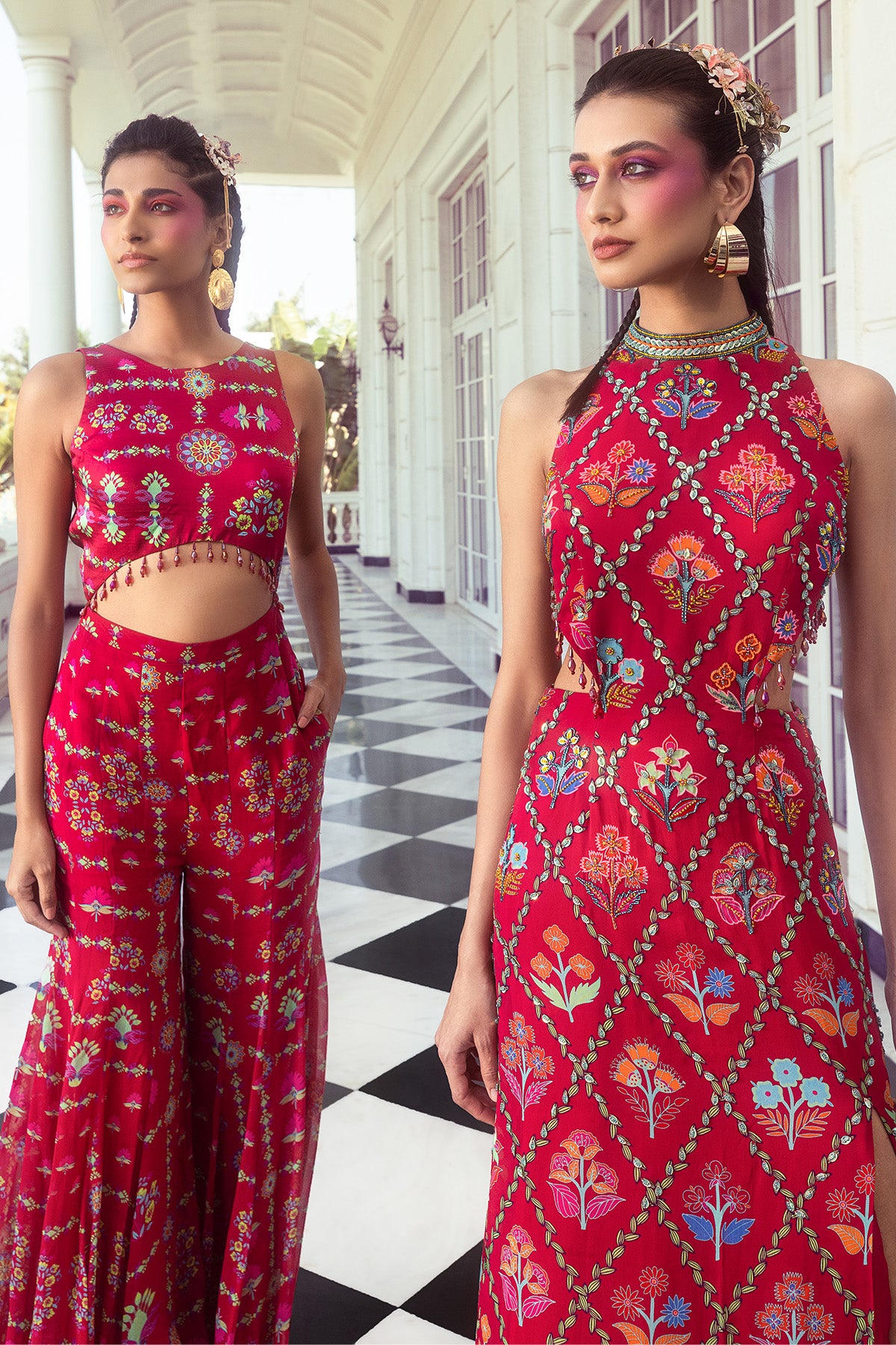 CRIMSON RED PRINT & EMBROIDERED JUMPSUIT