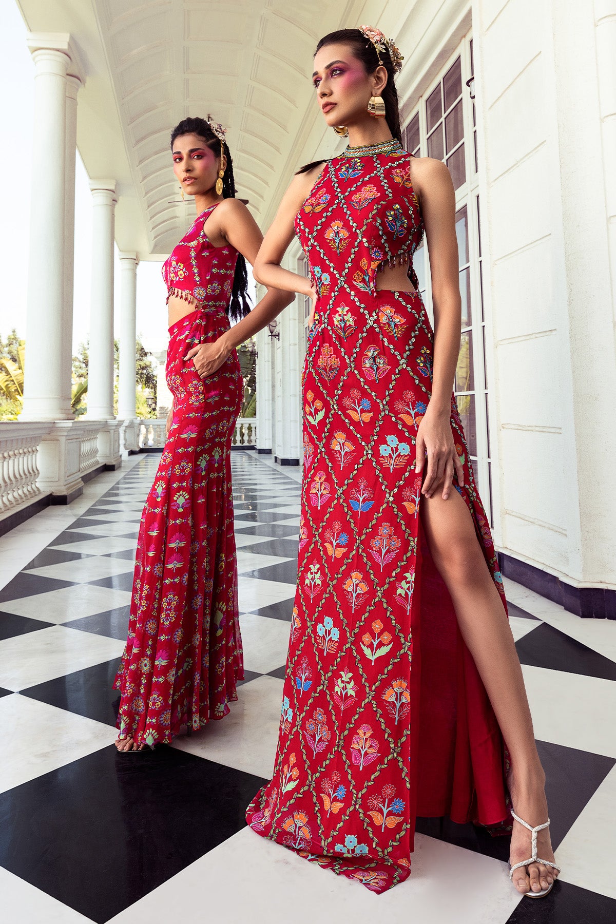 CRIMSON RED PRINT & EMBROIDERED SLIT DRESS