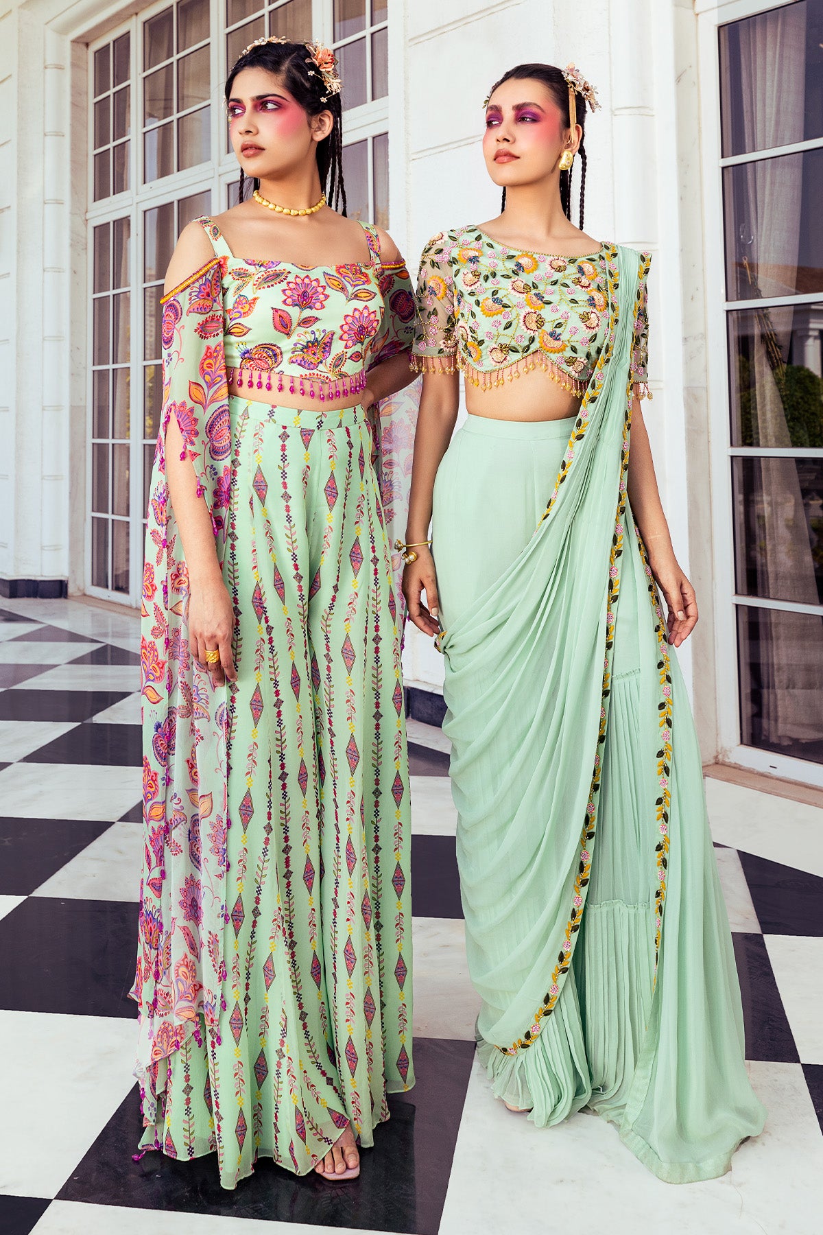 MINT GREEN GREEN PRINT & EMBROIDERED CROP TOP SET