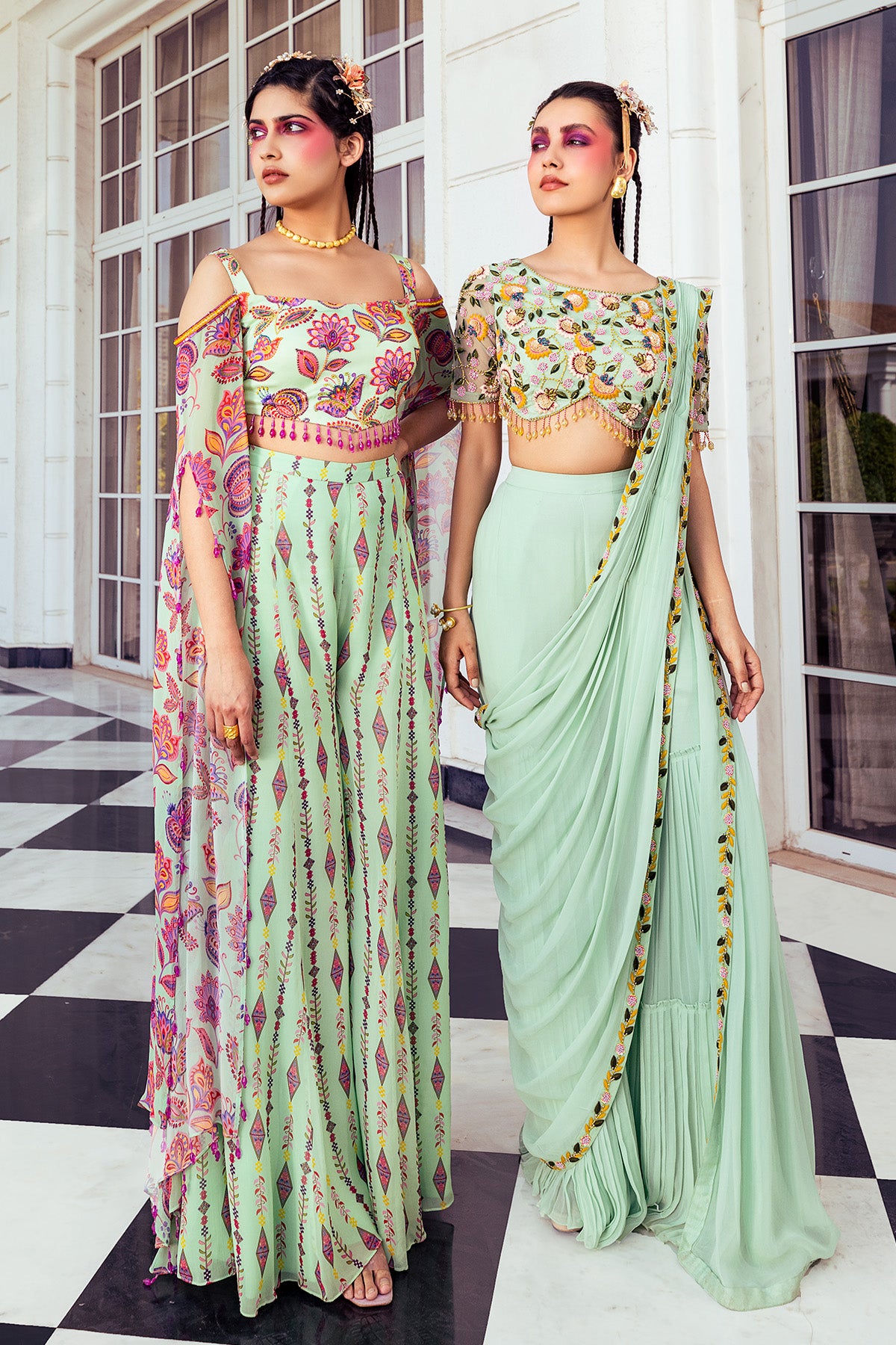 MINT GREEN JAAL & BLOUSE SAREE SET