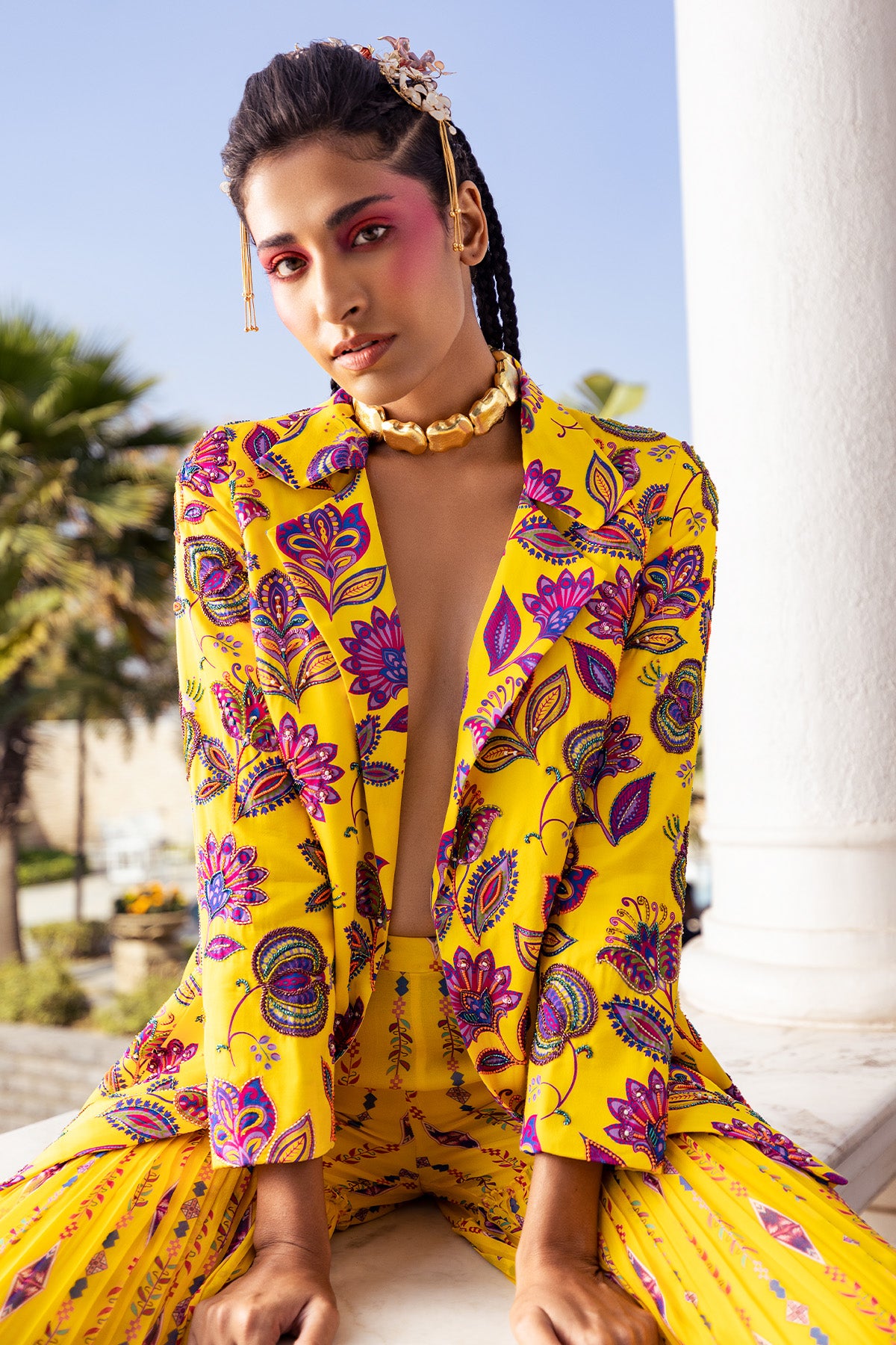 YELLOW PRINT & EMBROIDERED BLAZER SET