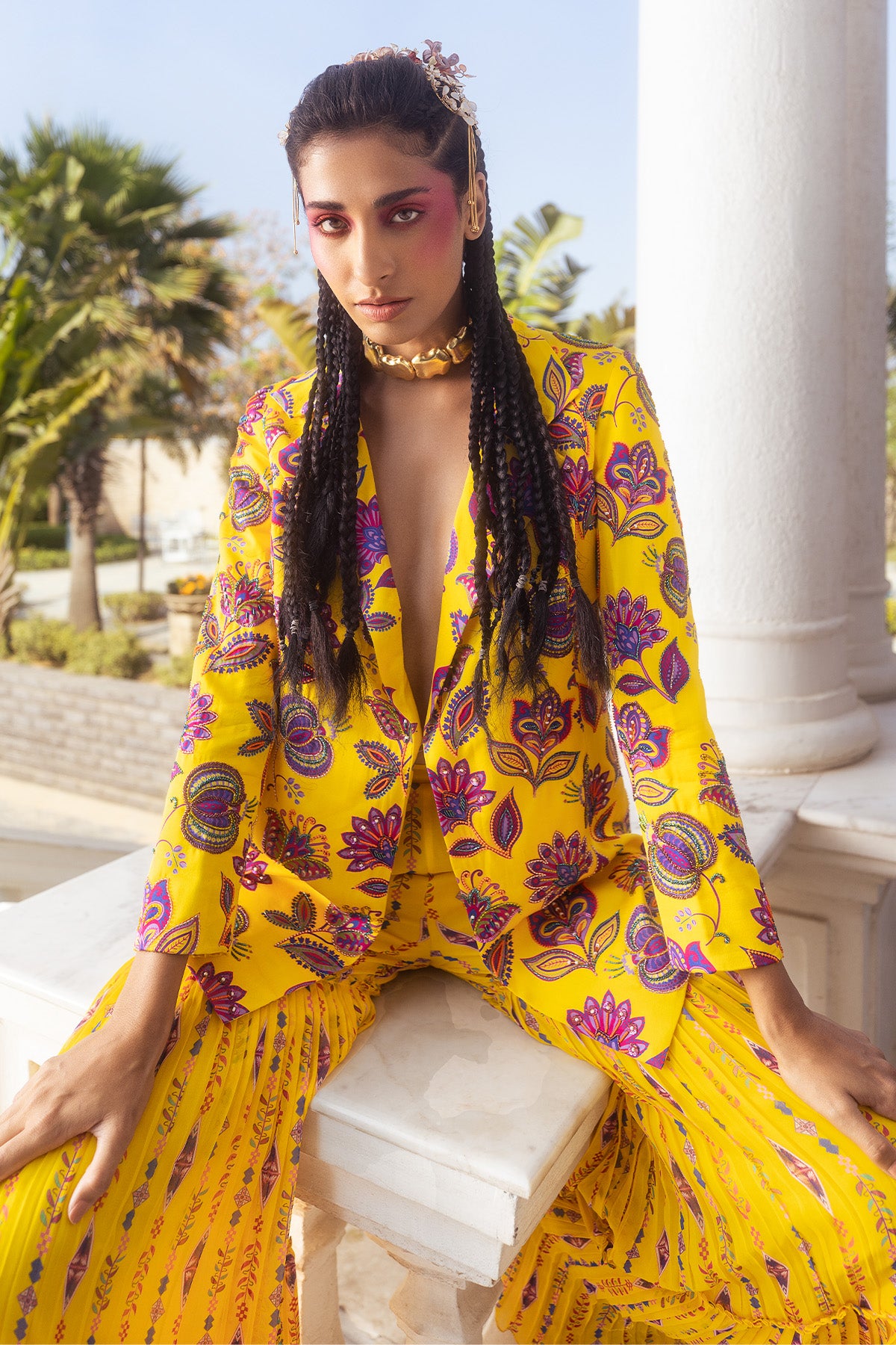 YELLOW PRINT & EMBROIDERED BLAZER SET