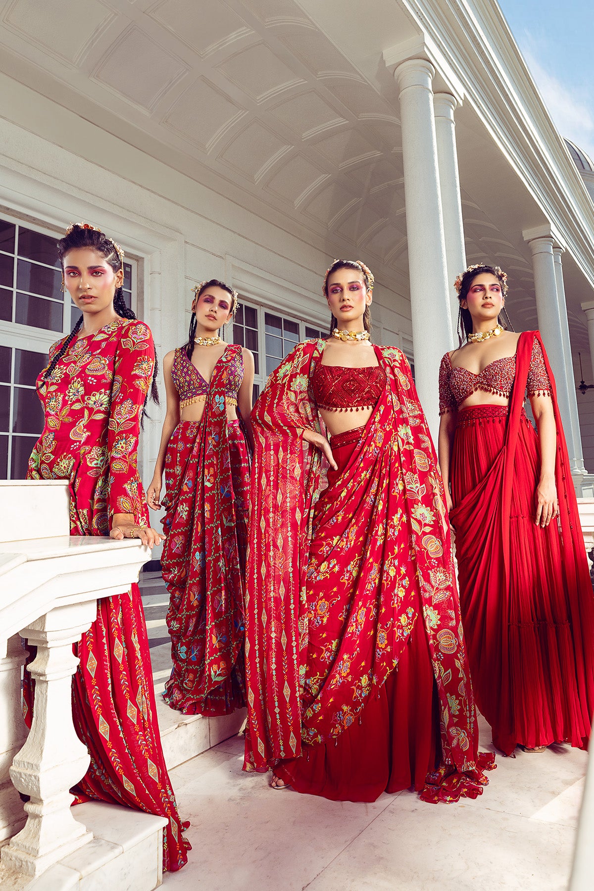 CRIMSON RED DIAMOND EMBROIDERED & PRINTED CAPE SAREE SET