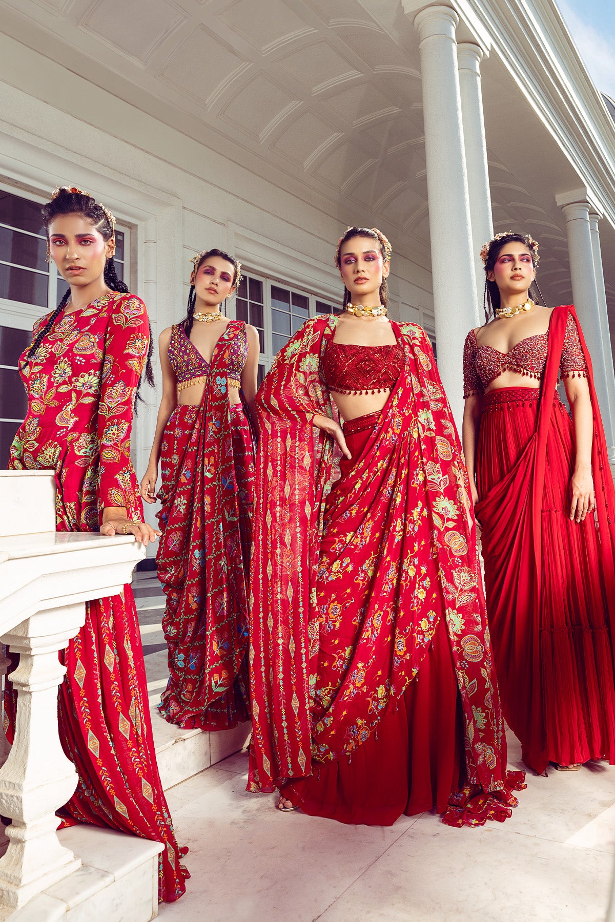 CRIMSON RED FLORAL EMBROIDERED SAREE SET