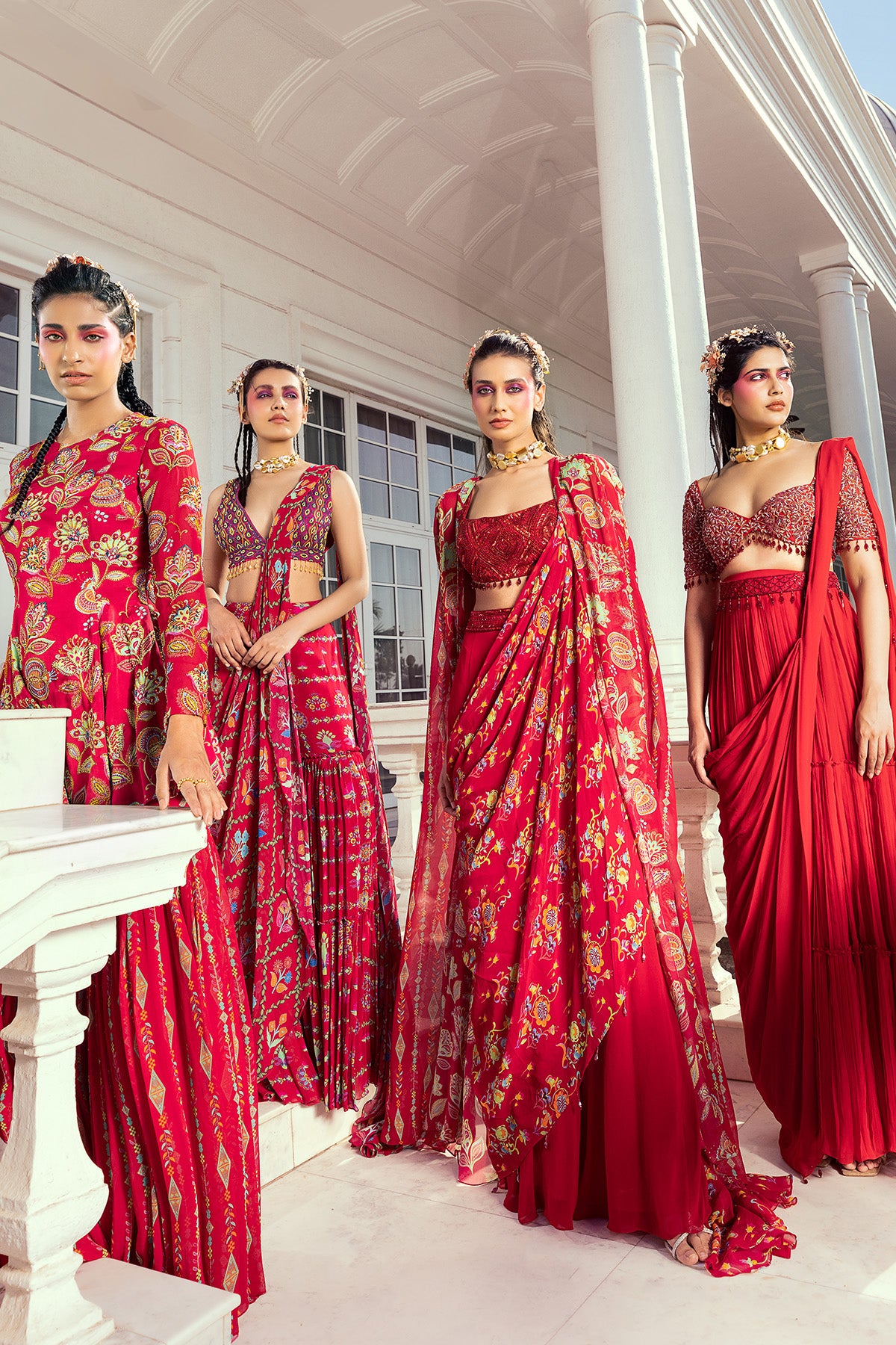 CRIMSON RED FEATHER EMBROIDERED SAREE SET