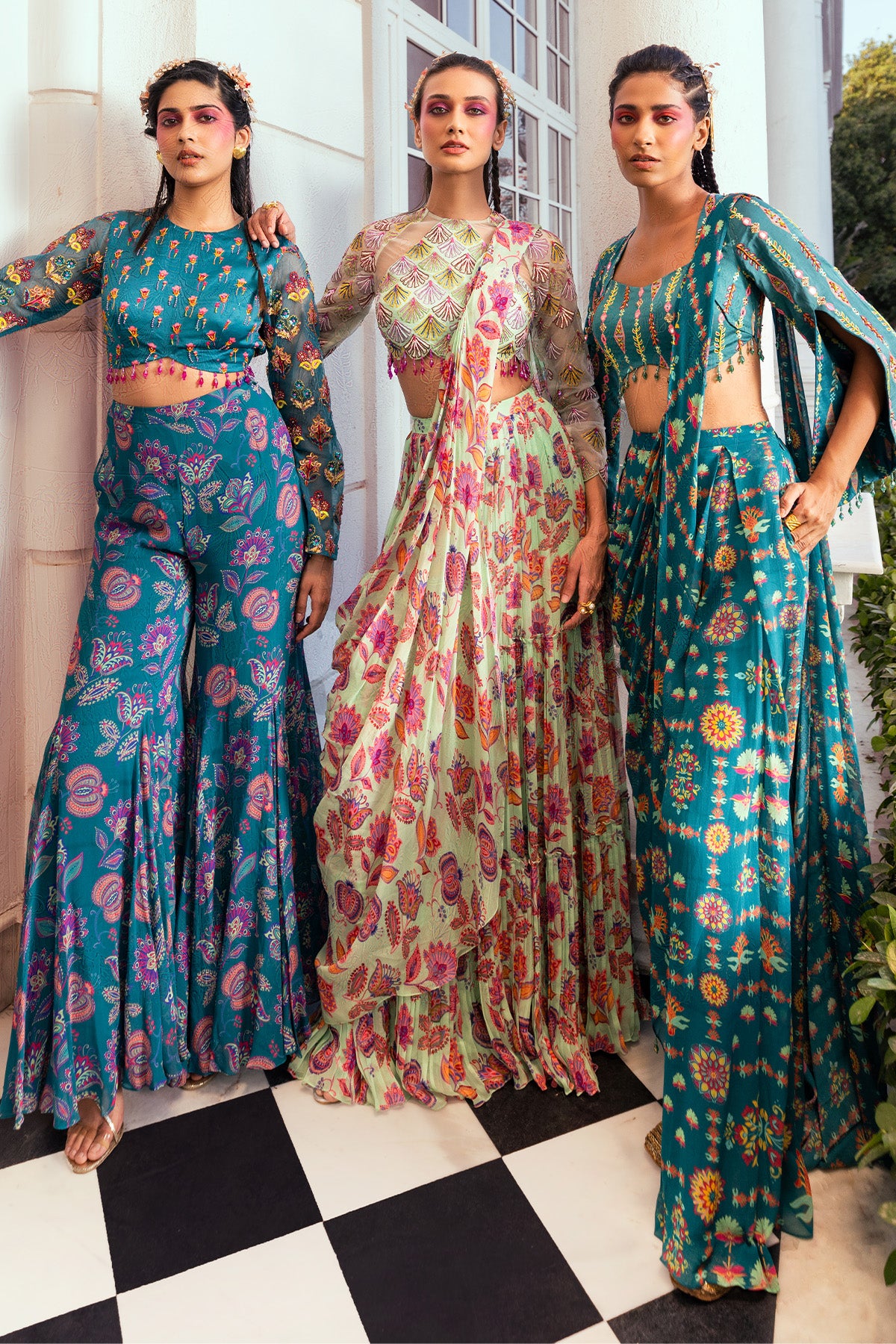 MINT GREEN SCALLOP EMBROIDERED & PRINTED SAREE SET