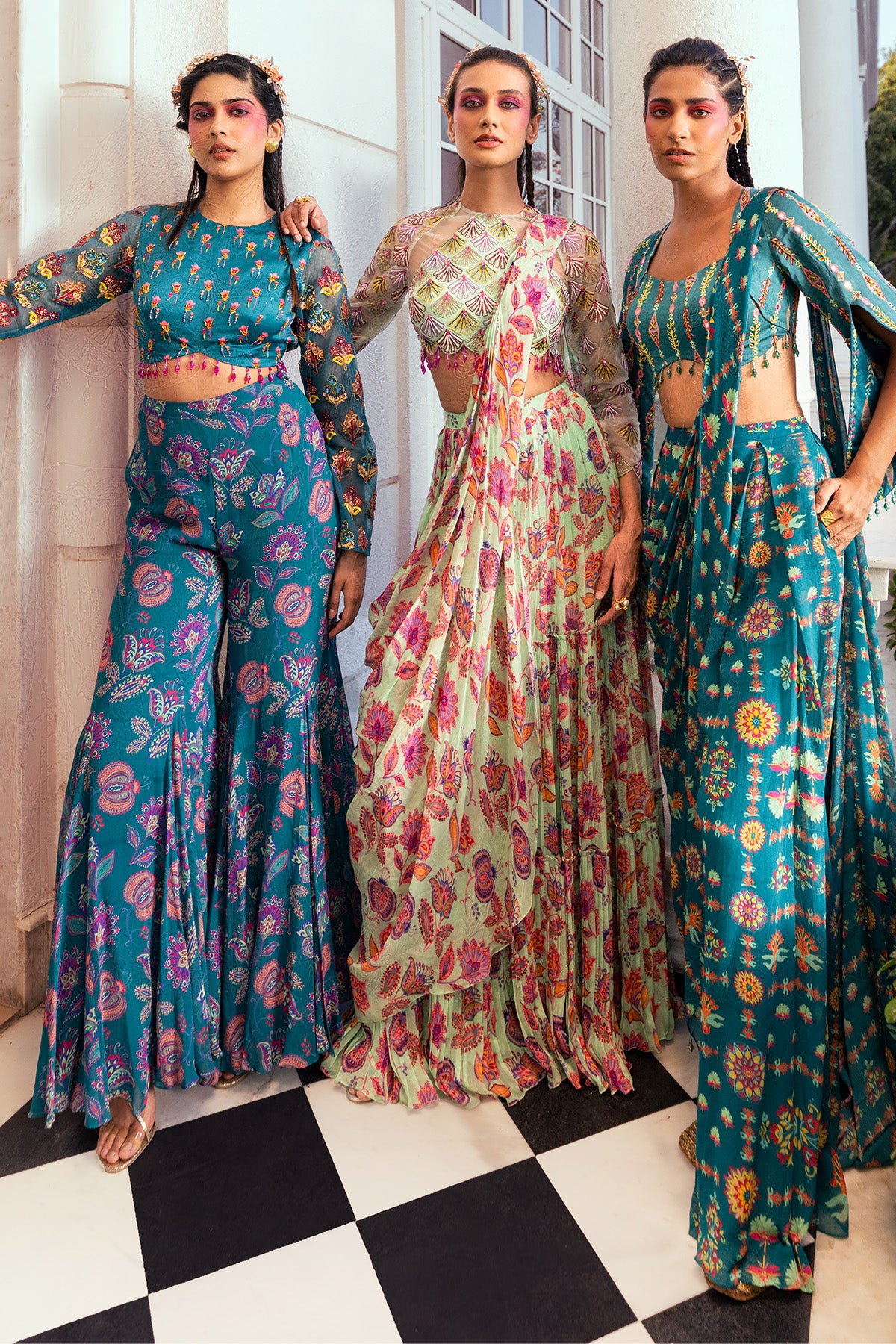 TEAL BLUE PRINT & EMBROIDERED CROP TOP SET