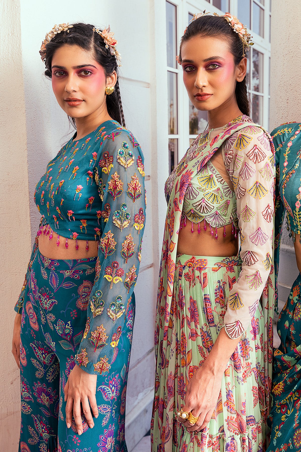TEAL BLUE PRINT & EMBROIDERED CROP TOP SET