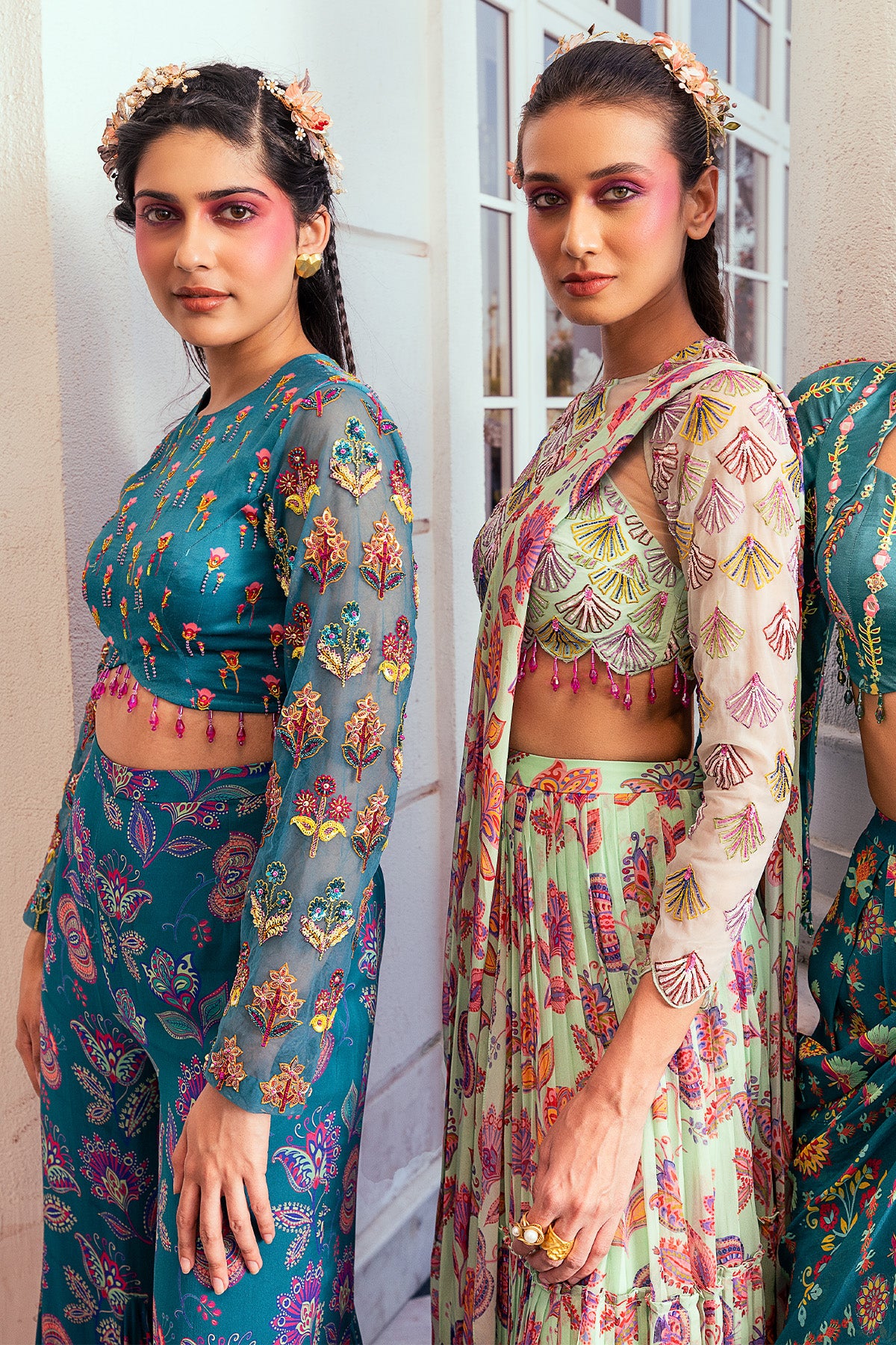 MINT GREEN SCALLOP EMBROIDERED & PRINTED SAREE SET