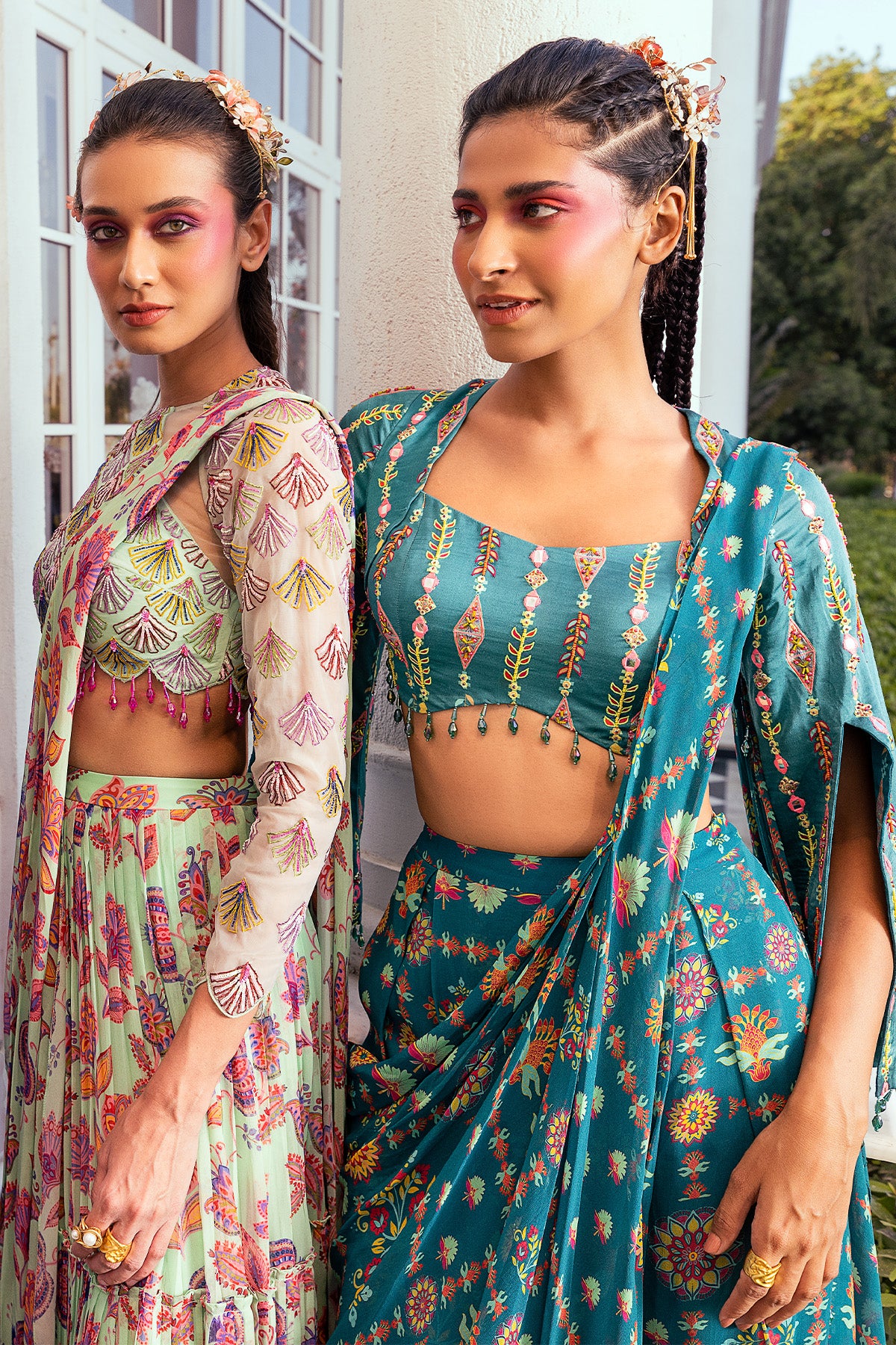 TEAL BLUE PRINT & EMBROIDERED CROP TOP SET