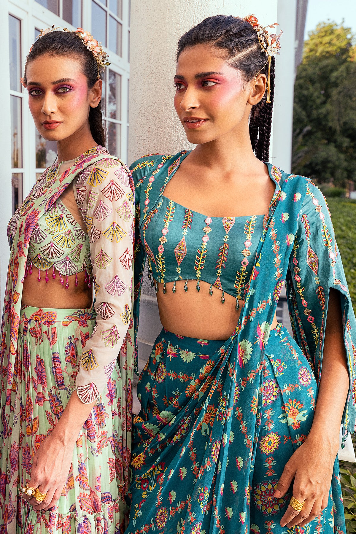 MINT GREEN SCALLOP EMBROIDERED & PRINTED SAREE SET