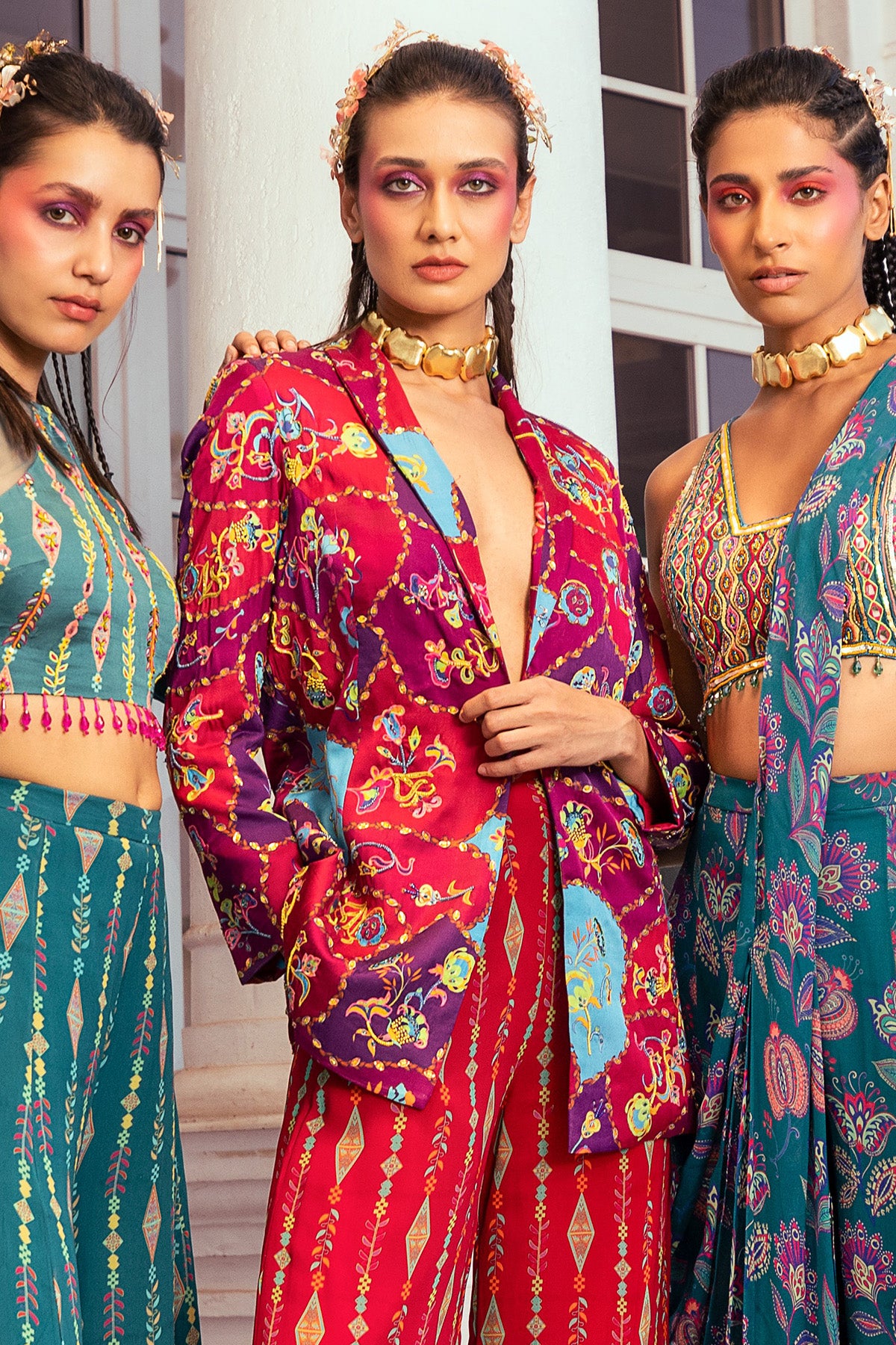 CRIMSON RED PRINT & EMBROIDERED  BLAZER SET