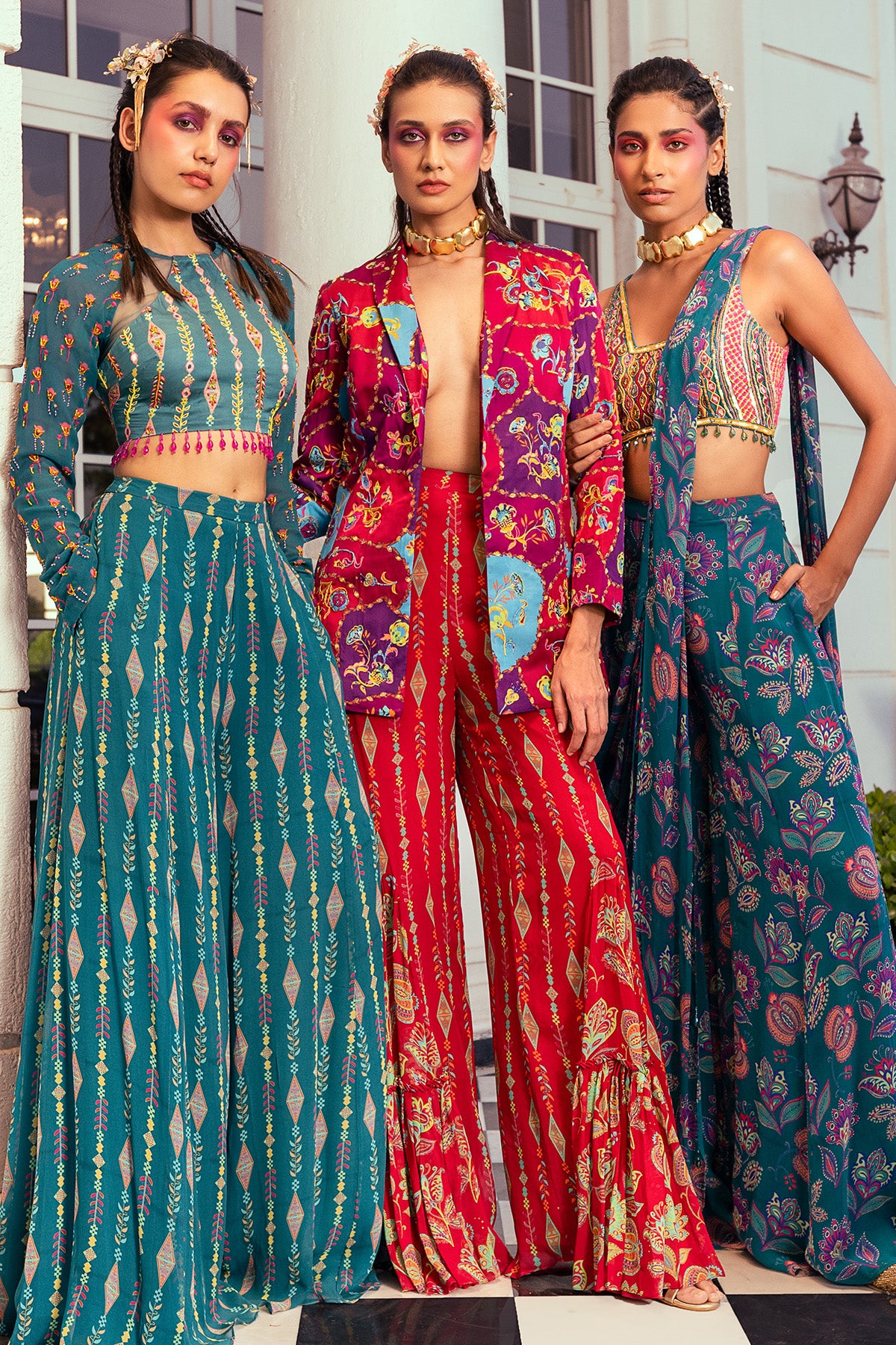 CRIMSON RED PRINT & EMBROIDERED  BLAZER SET