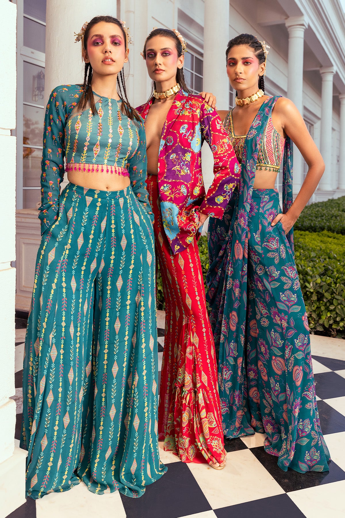 TEAL BLUE FEATHER MIX EMBROIDERED & PRINTED SAREE SET