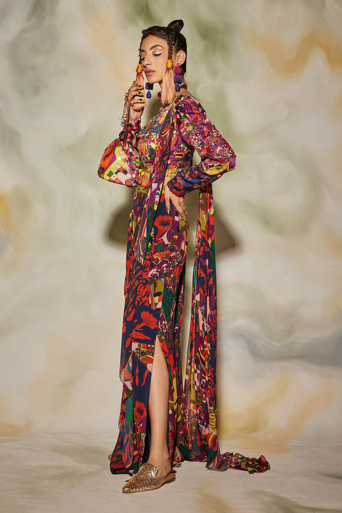 Purple Aztec Print Side Slit Open Sharara Saree Set & Potali Bag