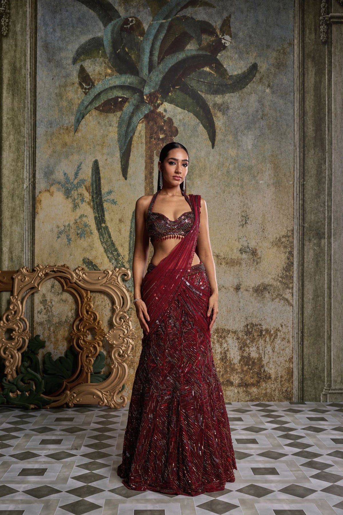 MAROON ABSTRACT EMBELLISHED SAREE SET