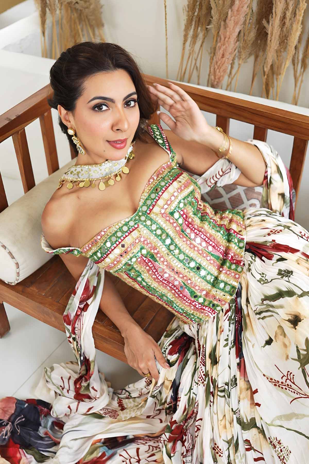 Nikki Mehra In Ivory Floral Printed Lehenga Set