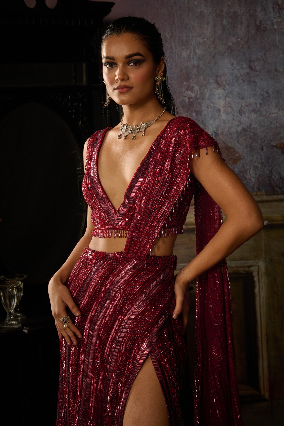 MAROON FULLY EMBROIDERED BLOUSE AND SLIT SKIRT SAREE