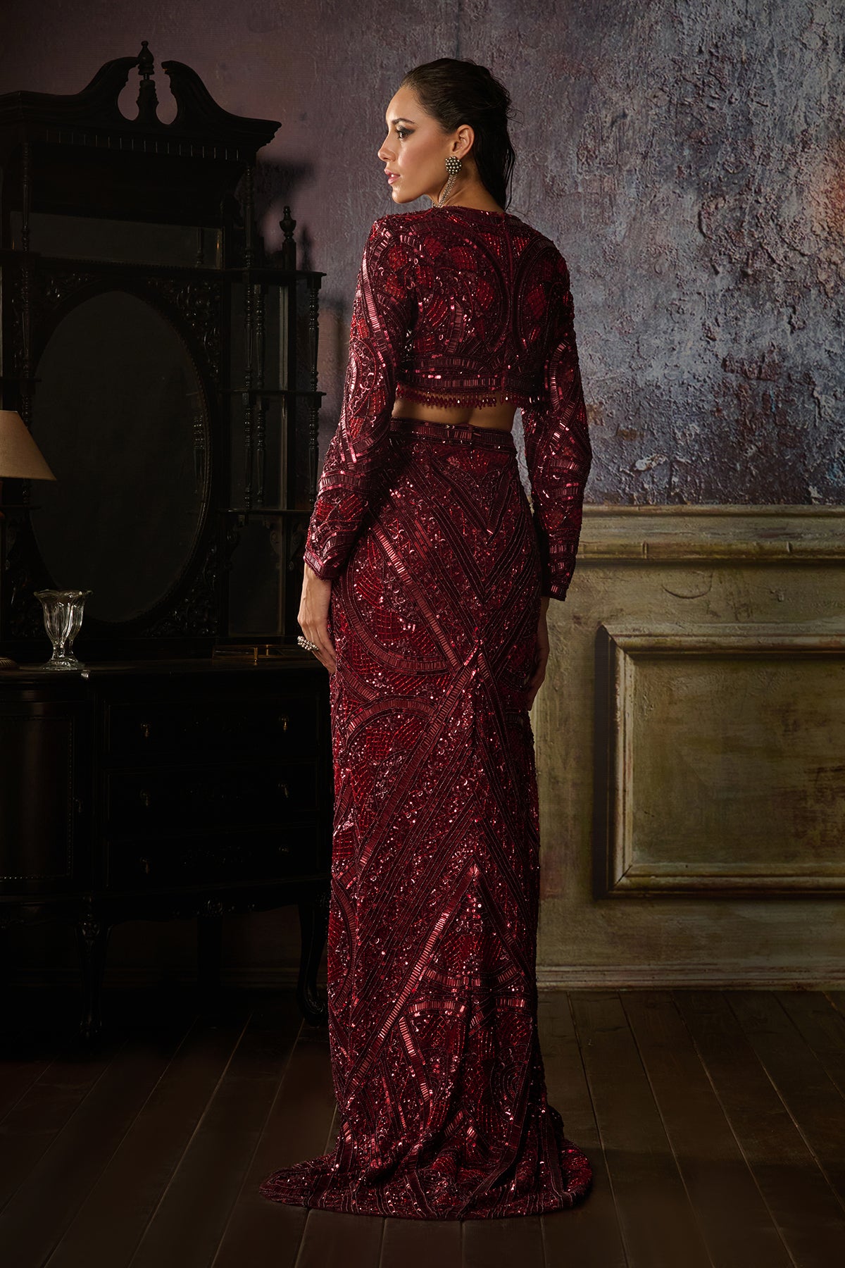 MAROON FULLY EMBROIDERED BLOUSE AND SLIT TRAIL SKIRT