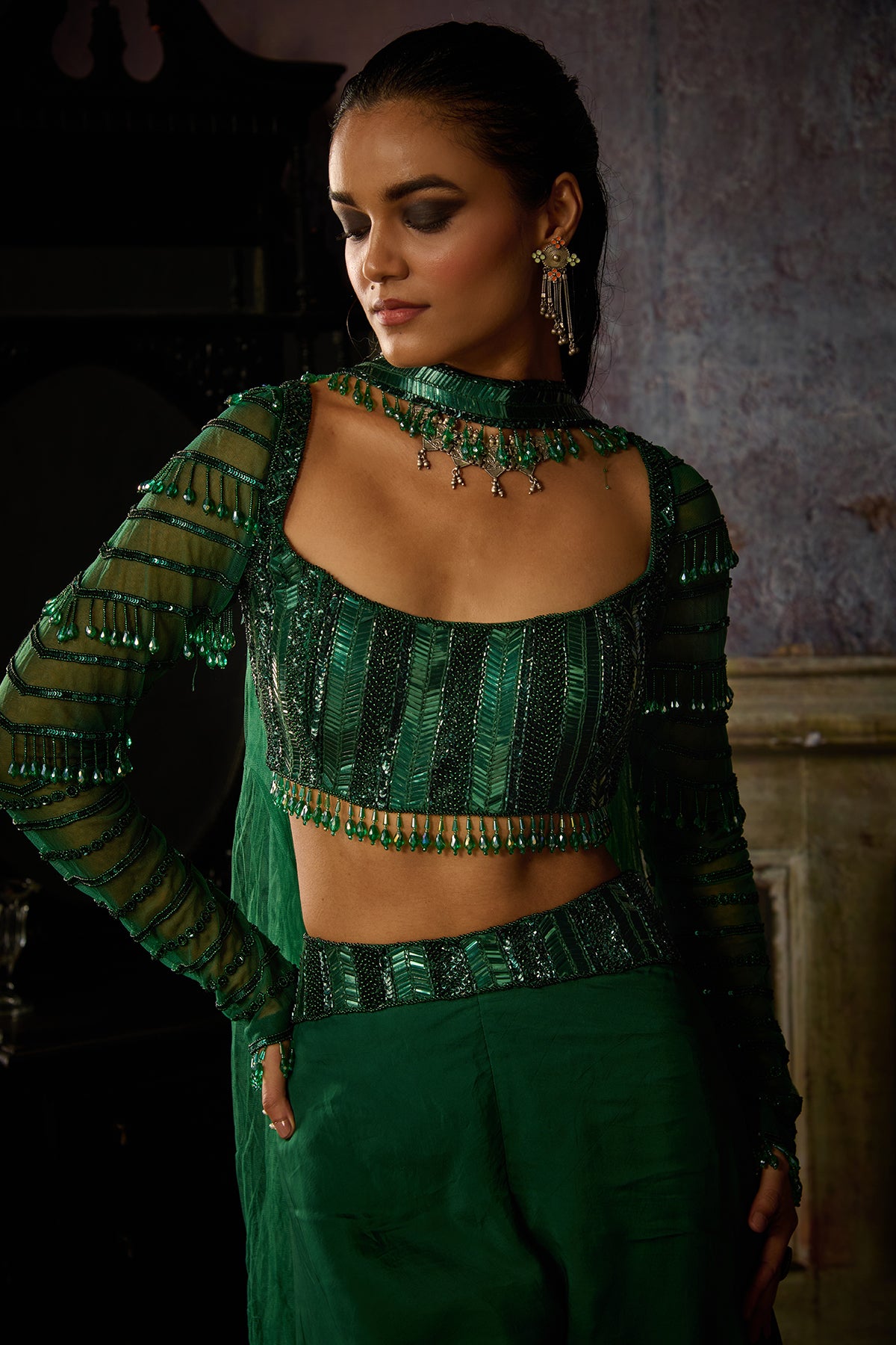 BOTTLE GREEN FULLY EMBROIDERED BLOUSE AND ORGANZA SHARARA SET