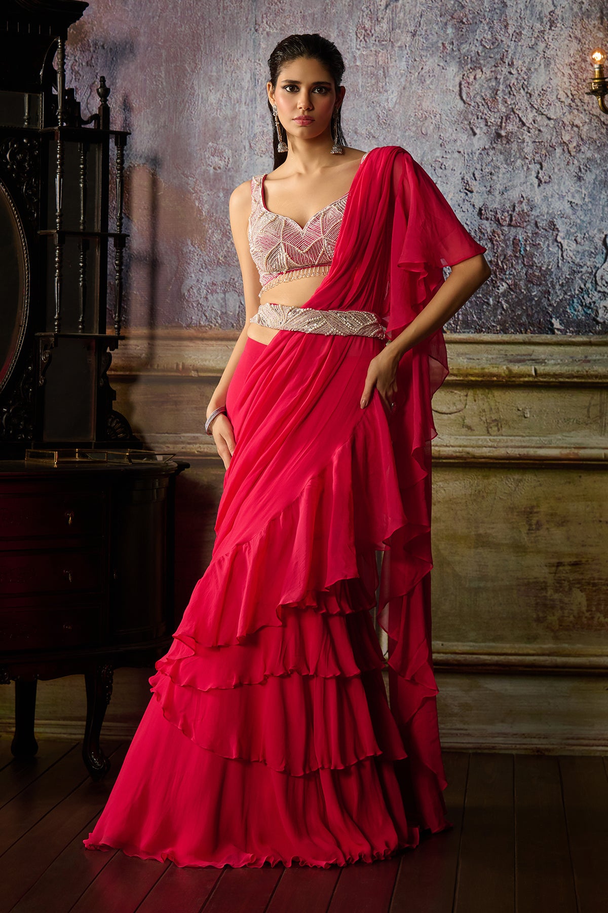 FUSCHIA EMBROIDERED BLOUSE AND RUFFLE SAREE SET