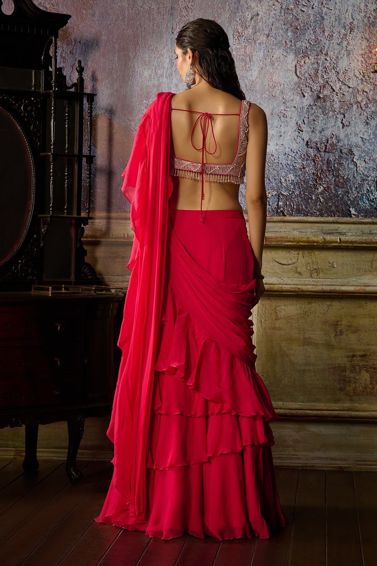 FUSCHIA EMBROIDERED BLOUSE AND RUFFLE SAREE SET