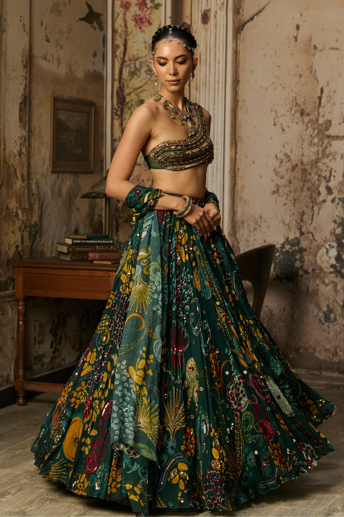 Dark Green Embellished Bouse With Printed And Highlighted Lehenga Set