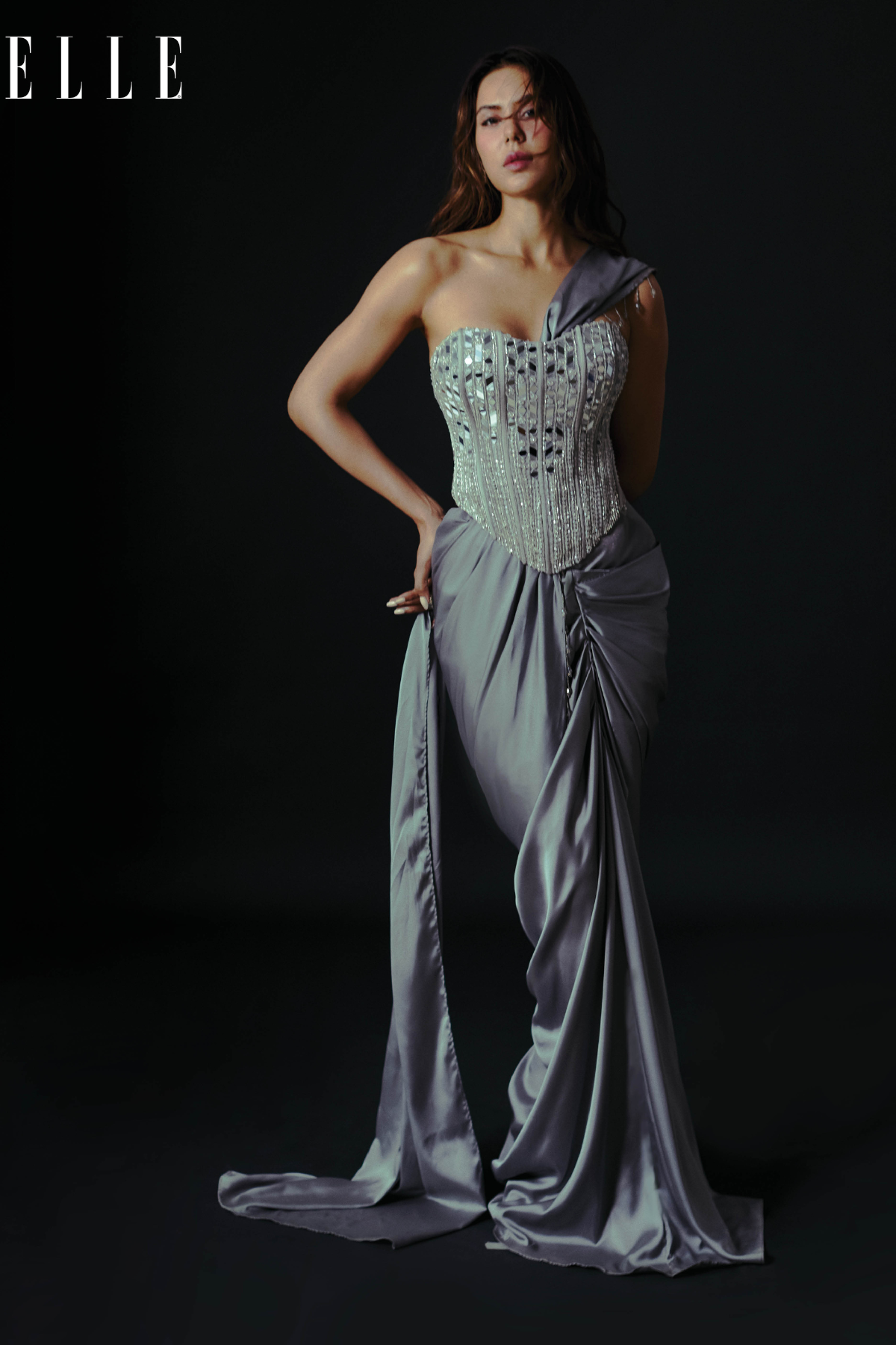 Sonam Bajwa in Silver Embellished Blouse And Pre Draped Saree Set