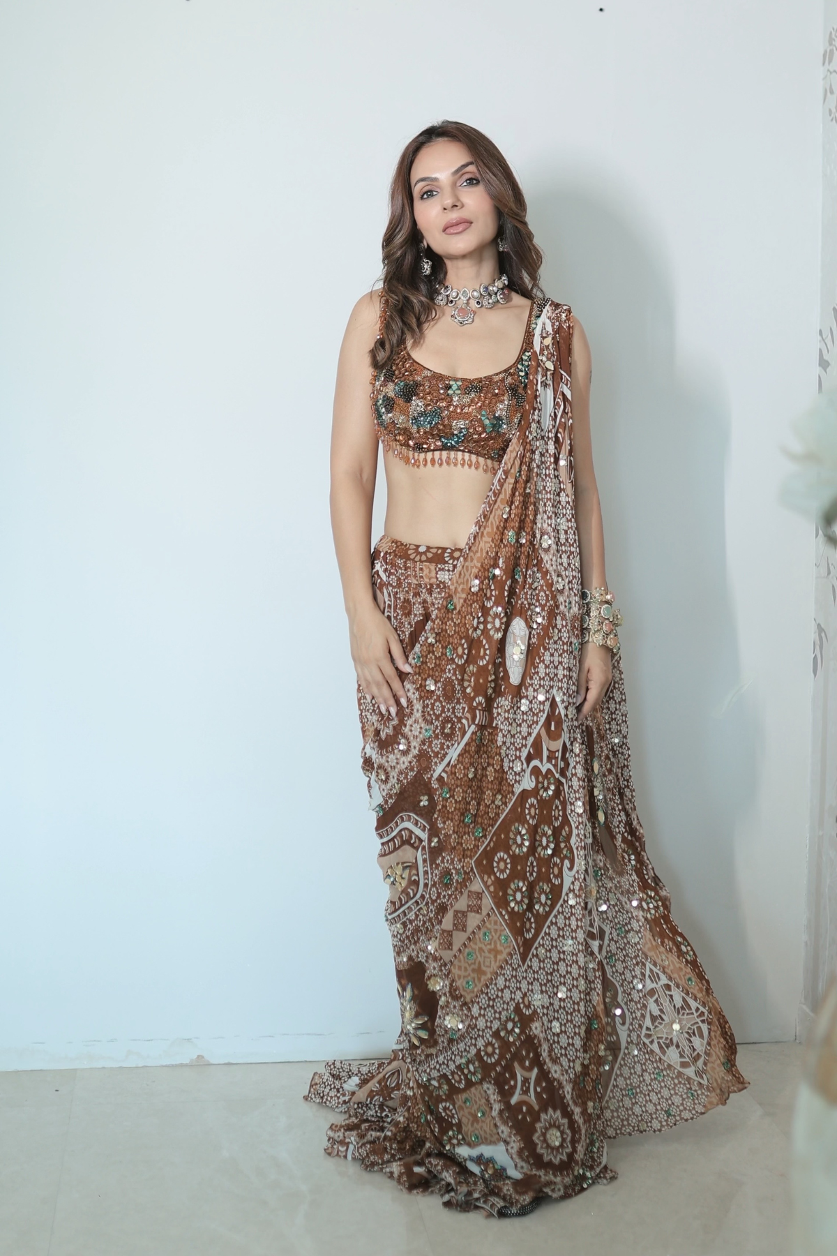 Caramel Print And Highlighted Blouse Tiered Skirt Saree Set