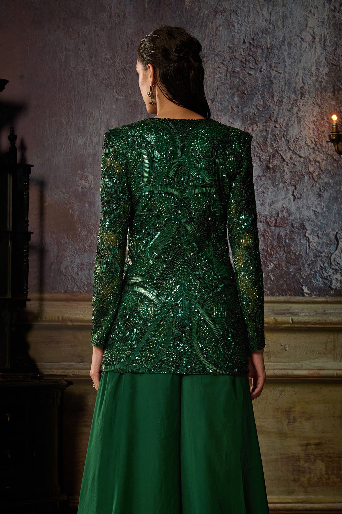 BOTTLE GREEN FULLY EMBROIDERED JACKET WITH SOLID PANTS