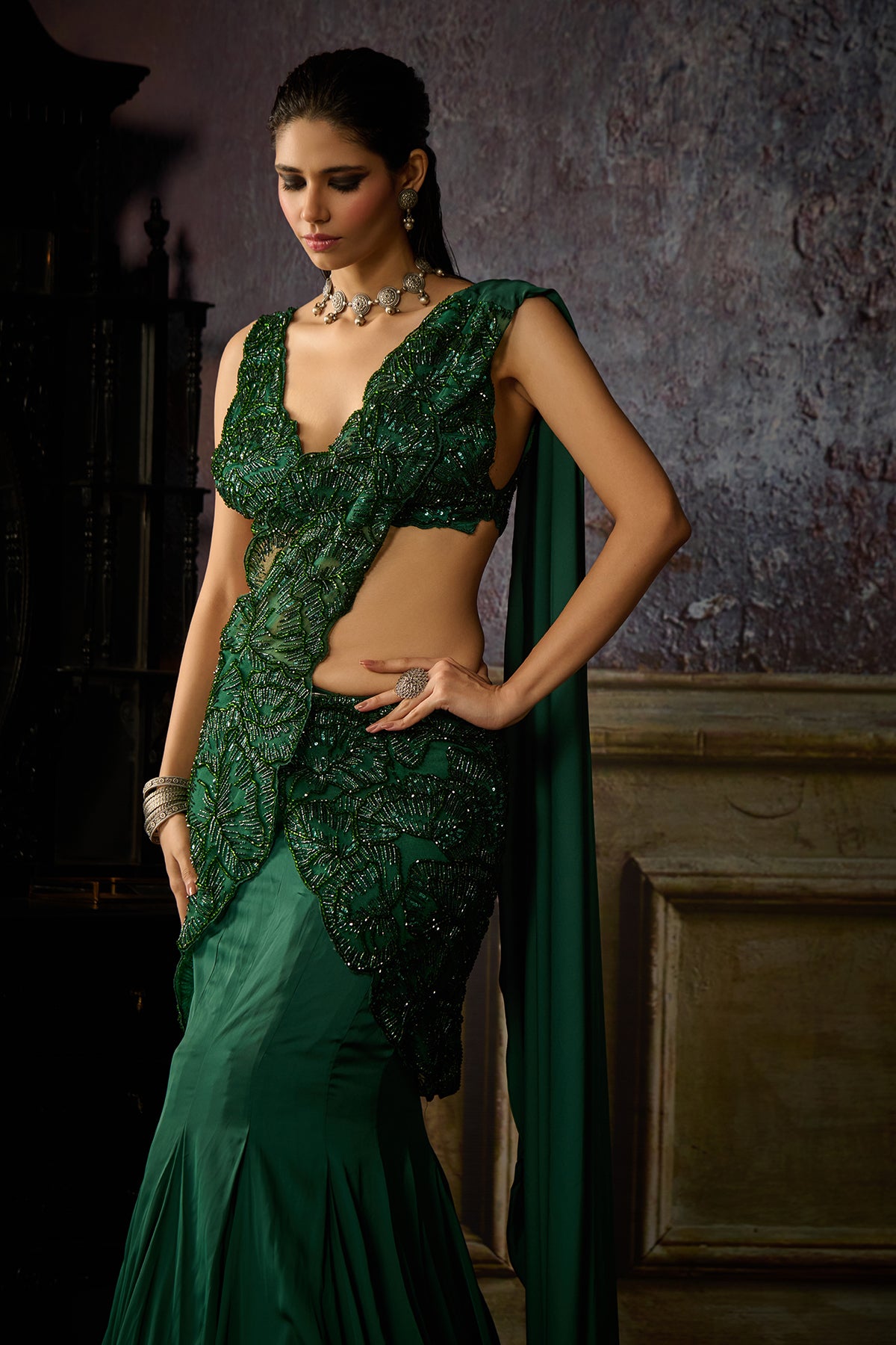 BOTTLE GREEN EMBROIDERED MERMAID SAREE SET