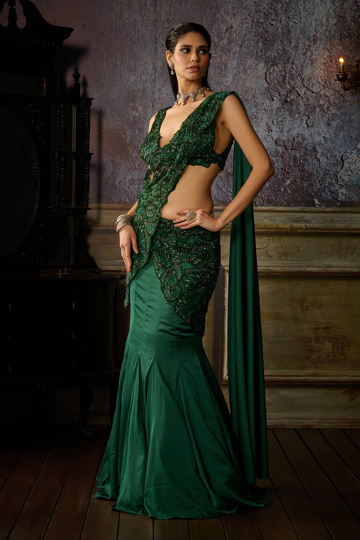 BOTTLE GREEN EMBROIDERED MERMAID SAREE SET