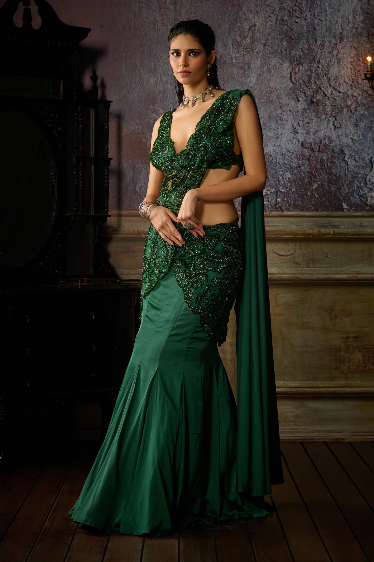 BOTTLE GREEN EMBROIDERED MERMAID SAREE SET