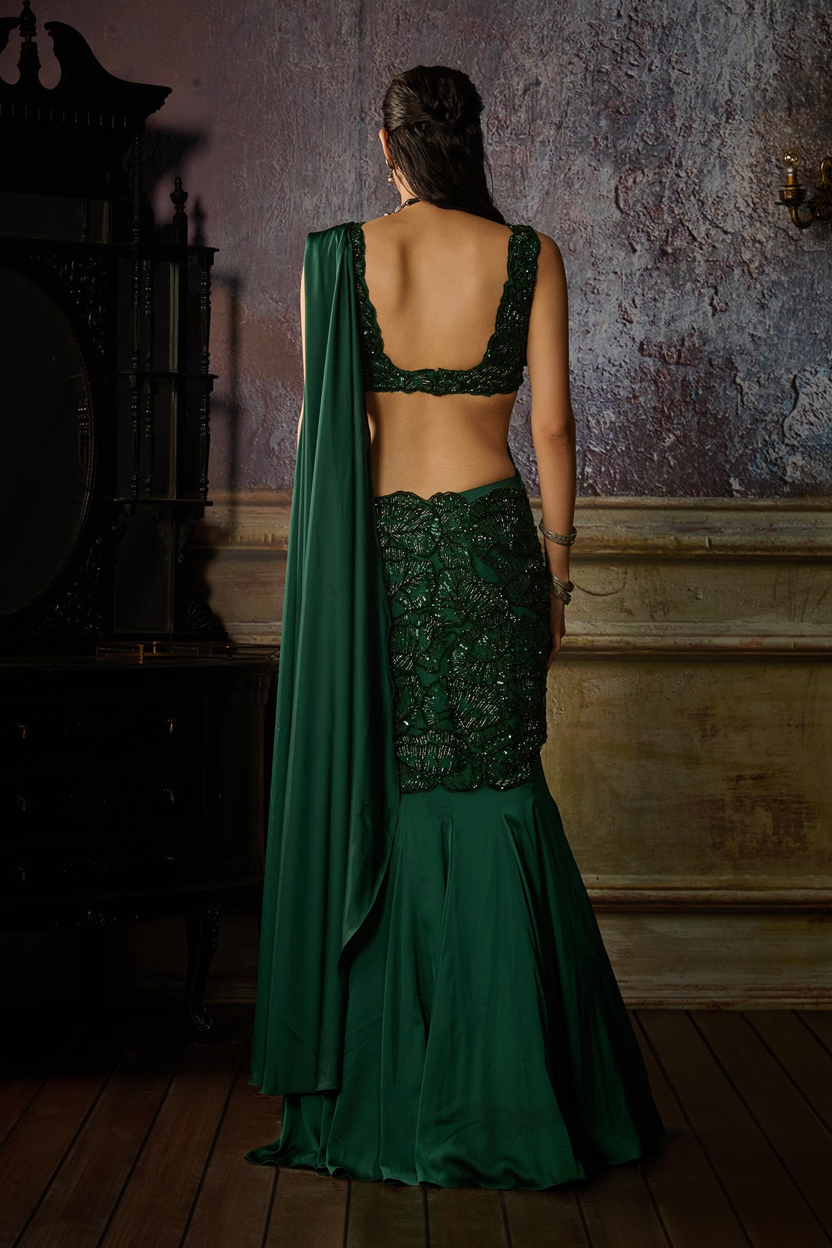 BOTTLE GREEN EMBROIDERED MERMAID SAREE SET