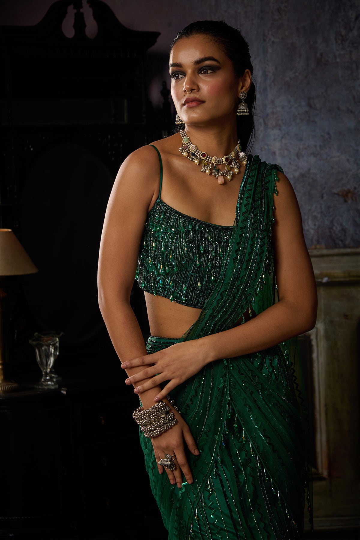 BOTTLE GREEN MERMAID PRE DRAPED SKIRT SAREE