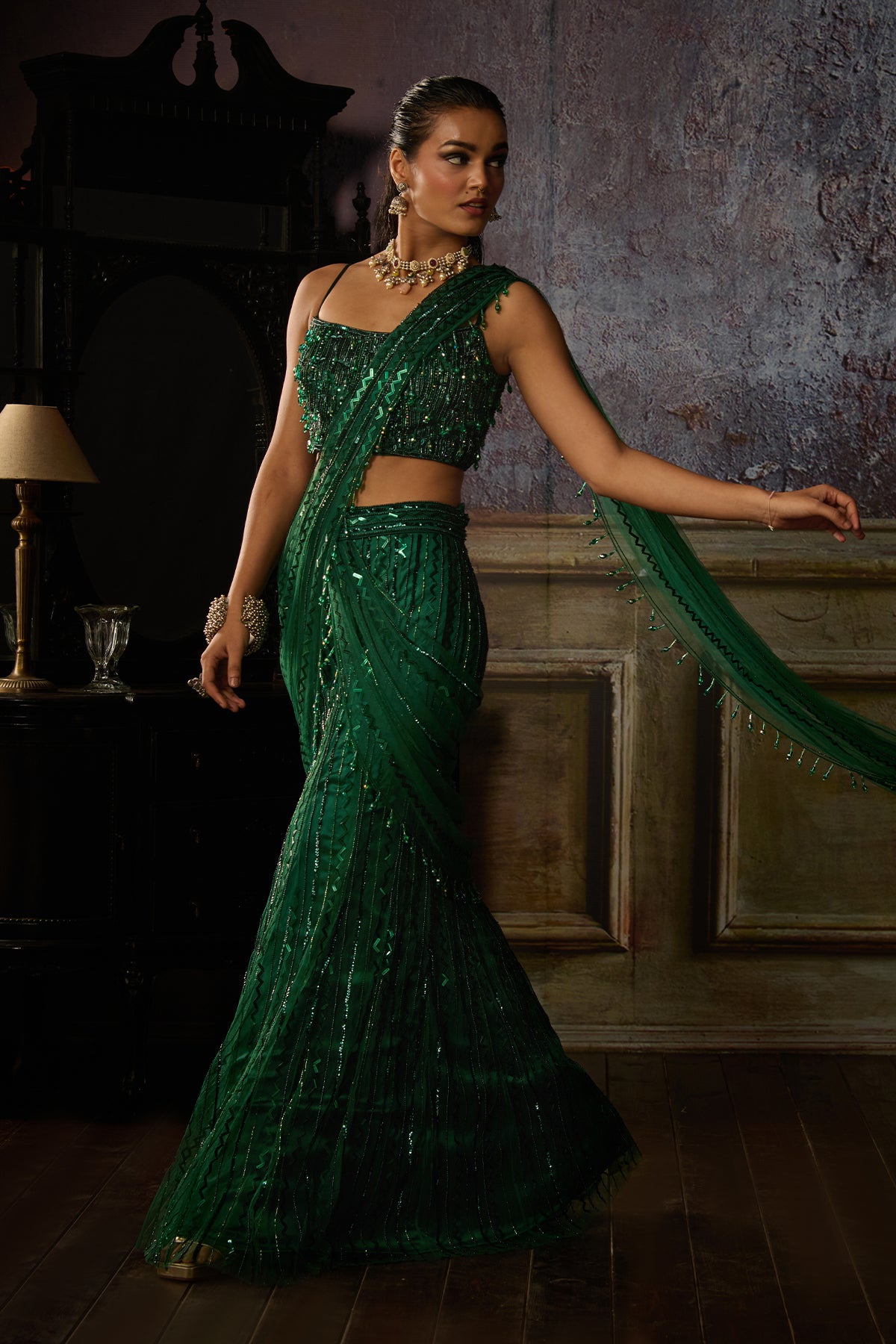 BOTTLE GREEN MERMAID PRE DRAPED SKIRT SAREE