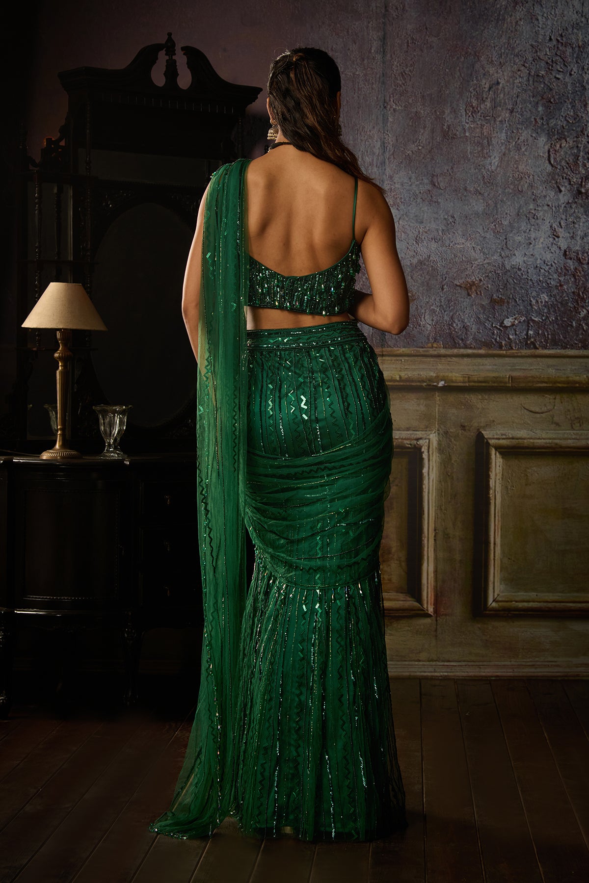 BOTTLE GREEN MERMAID PRE DRAPED SKIRT SAREE