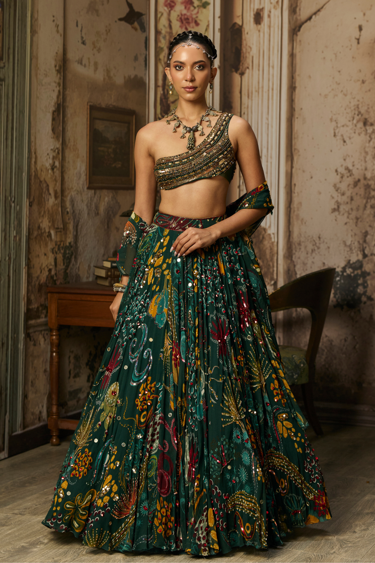 Dark Green Embellished Bouse With Printed And Highlighted Lehenga Set