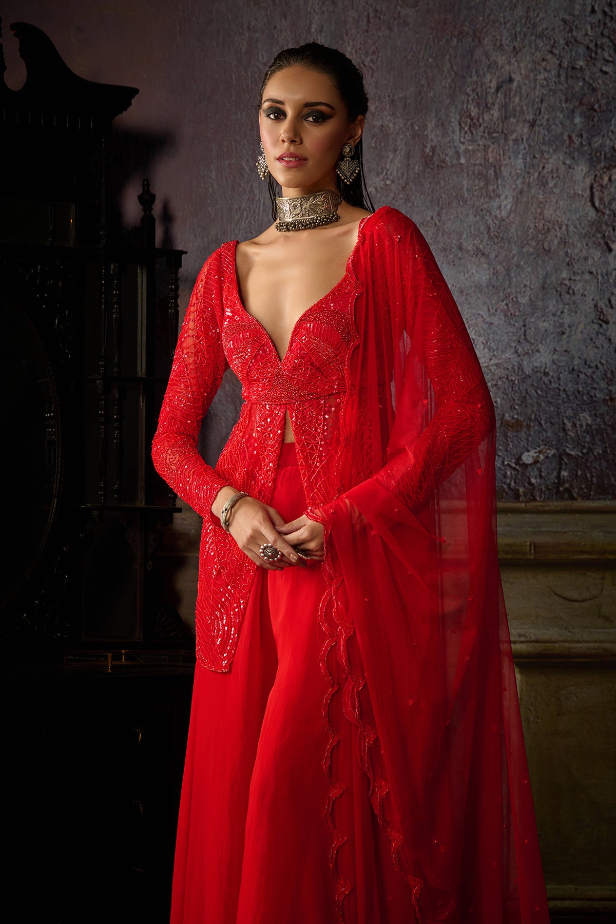 RED EMBROIDERED PEPLUM WITH ORGANZA SHARARA AND DUPATTA