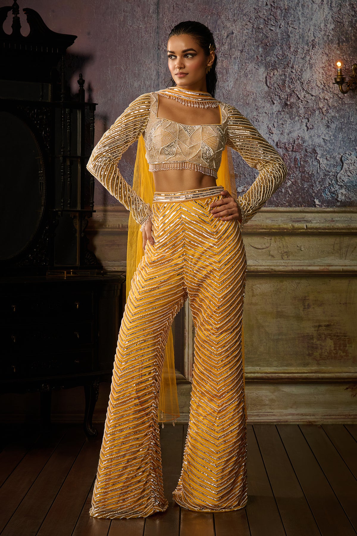 YELLOW FULLY EMBROIDERED BLOUSE, PANT AND CHOKER DUPATTA