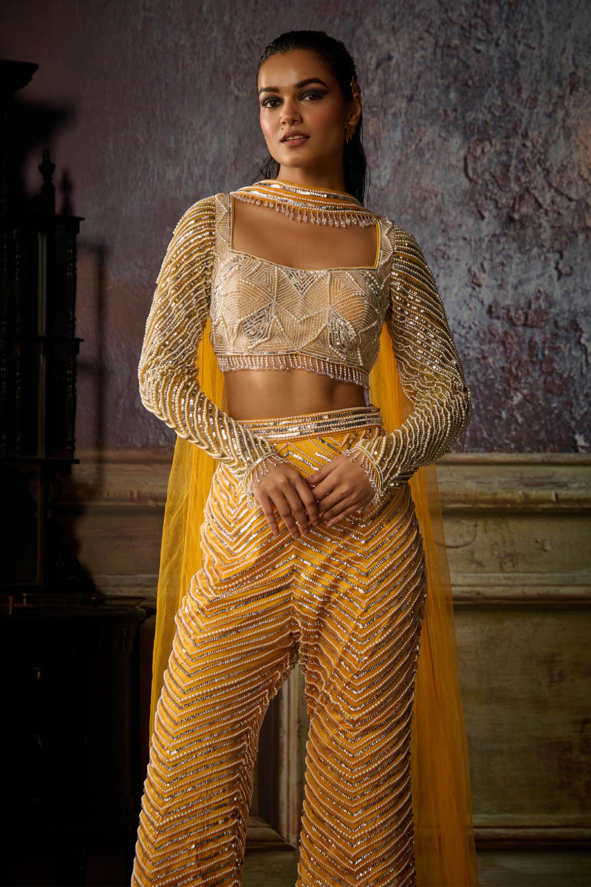 YELLOW FULLY EMBROIDERED BLOUSE, PANT AND CHOKER DUPATTA